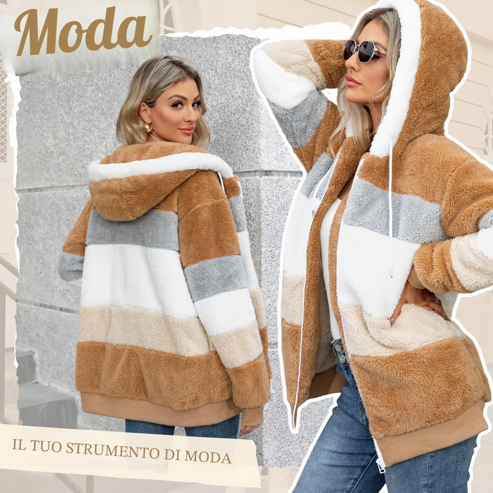 CMTOP Felpa Donna con Cappuccio Caldo Felpa in Pile Teddy Autunno Invernali Cappotto Patchwork Peluche Felpa Donna con Zip Outwear Casual Hoodie Giacca con 2 Tasche(Marrone, S) - immagine 3