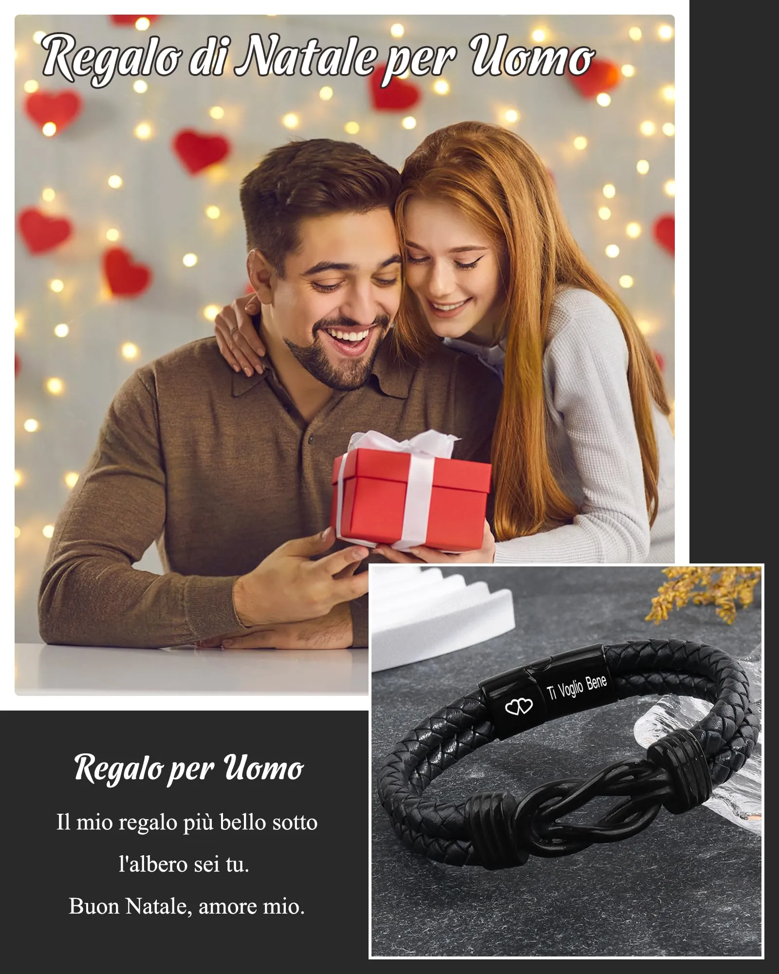 SUNSH Regali Per Lui/Uomo, Bracciale Uomo Idee Regalo Uomini, Regalo Anniversario San Valentino per Lui, Compleanno Natale, Bracciale da Uomini in Pelle con Incisione Ti Voglio Bene-22,5 cm - immagine 2