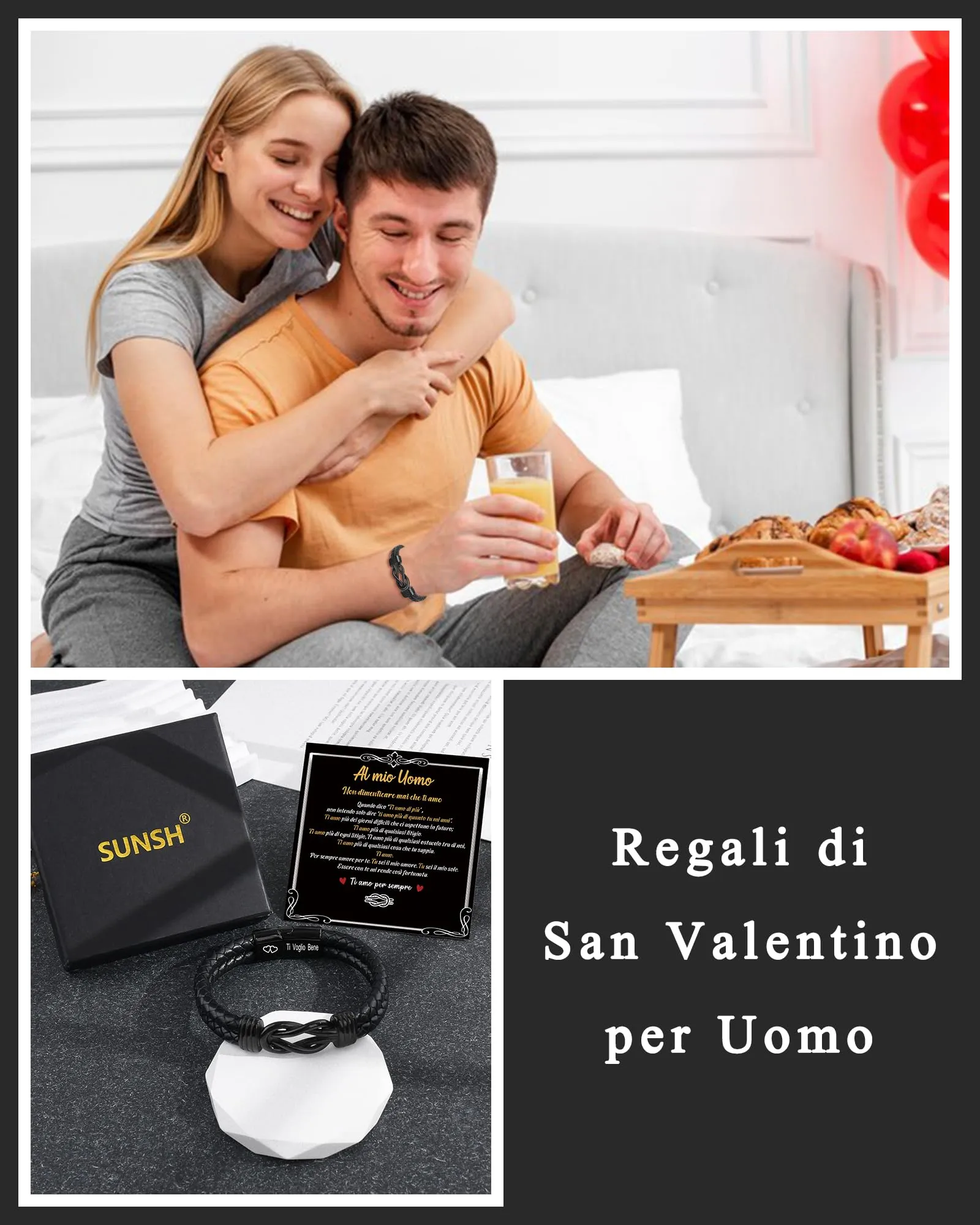 SUNSH Regali Per Lui/Uomo, Bracciale Uomo Idee Regalo Uomini, Regalo Anniversario San Valentino per Lui, Compleanno Natale, Bracciale da Uomini in Pelle con Incisione Ti Voglio Bene-22,5 cm - immagine 3