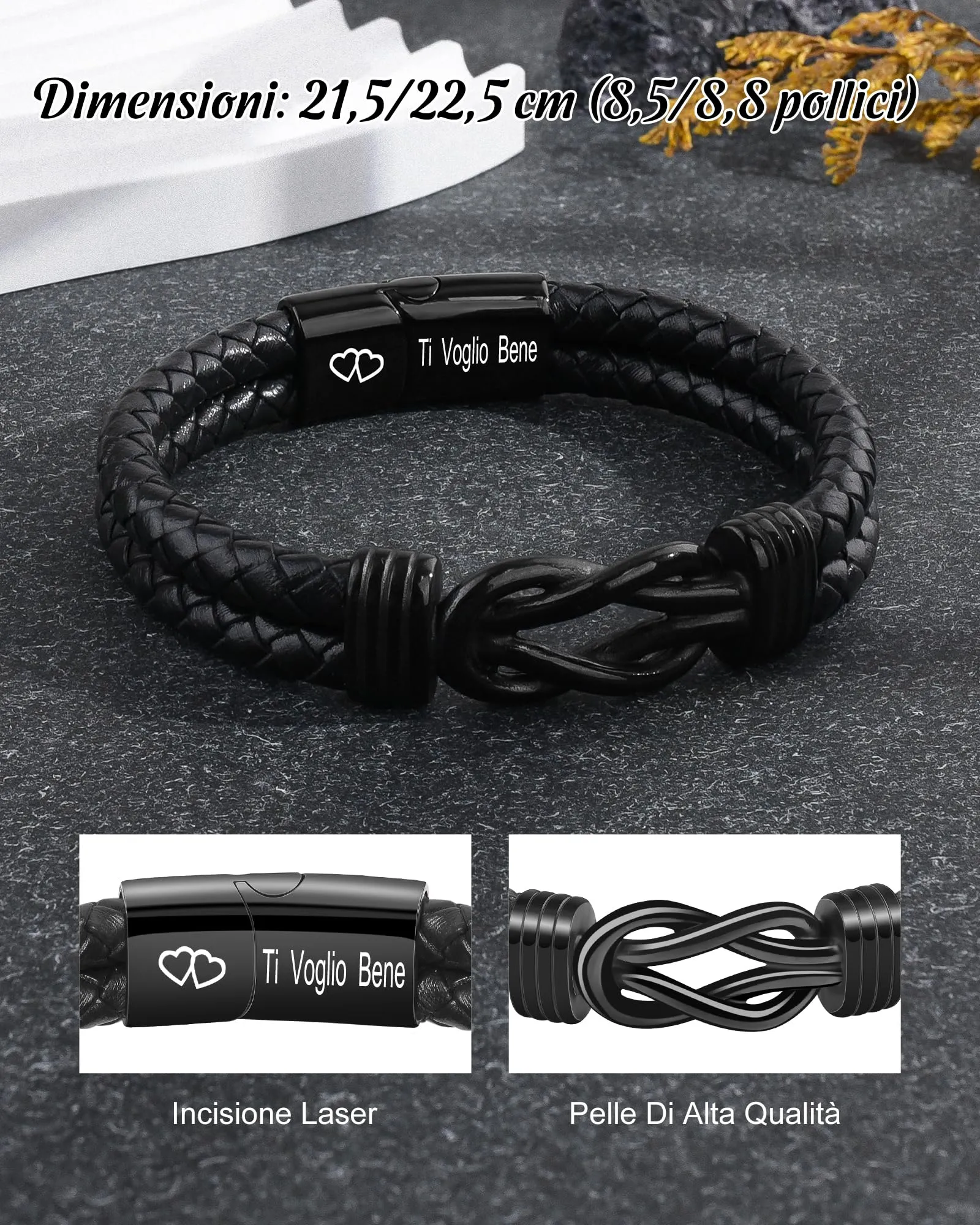 SUNSH Regali Per Lui/Uomo, Bracciale Uomo Idee Regalo Uomini, Regalo Anniversario San Valentino per Lui, Compleanno Natale, Bracciale da Uomini in Pelle con Incisione Ti Voglio Bene-22,5 cm - immagine 4