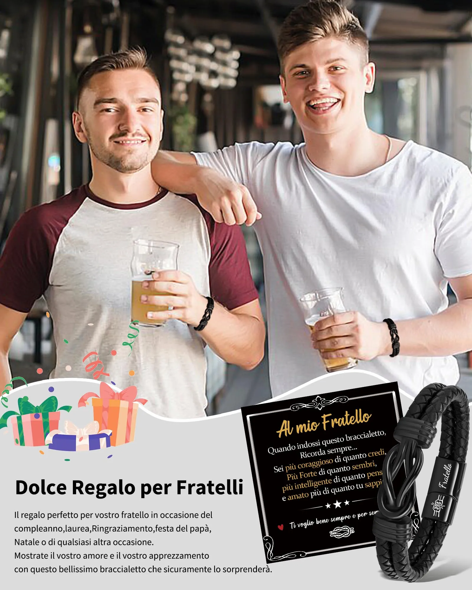 SUNSH Bracciale Fratello Uomo, Regalo Fratello Compleanno, Bracciale in Pelle Da Uomo Regali per Lui Fratelli Maggiore Fratellin Compleanno Natale-21,5 cm - immagine 4