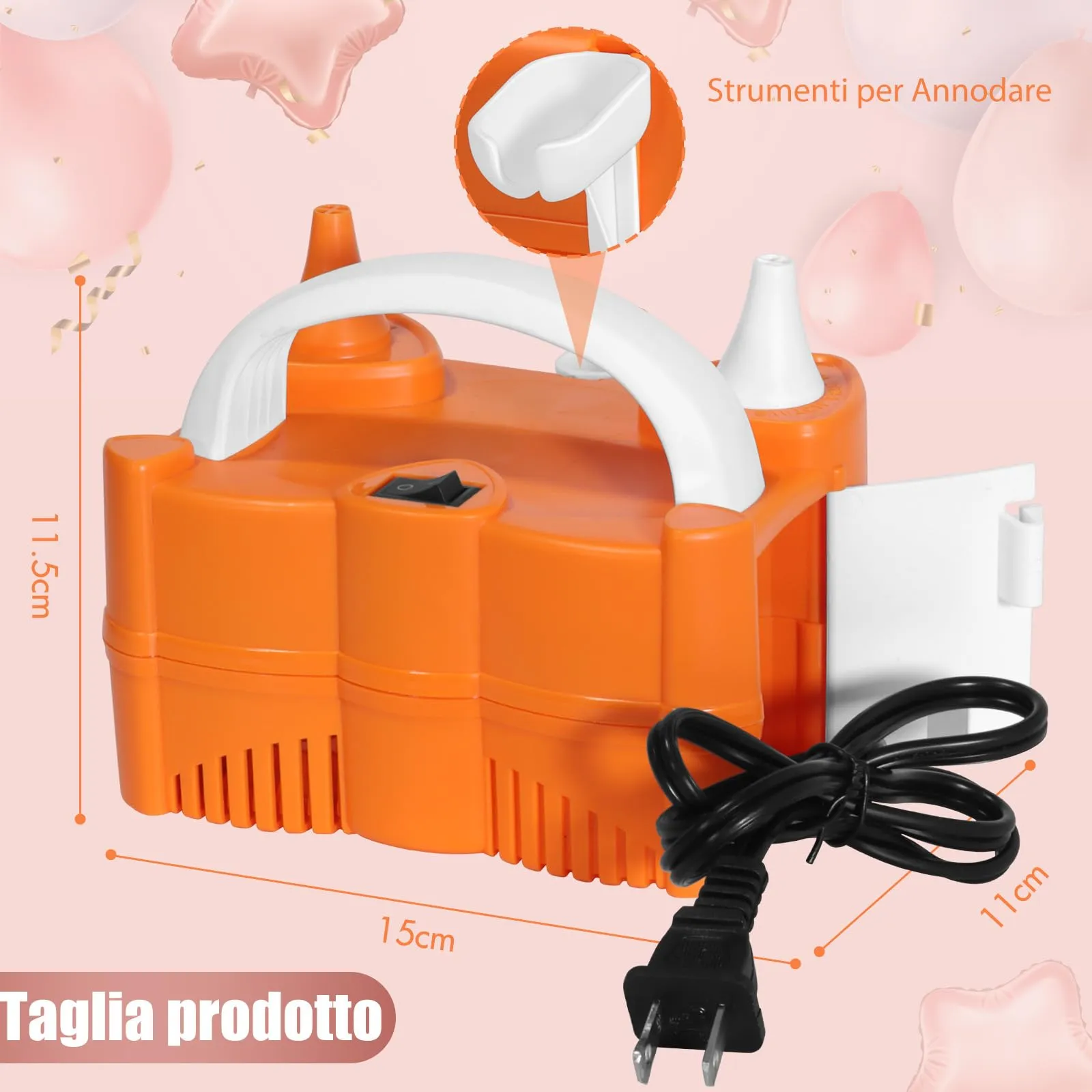 JORETLE Pompa per Palloncini Elettrica Portatile, 220-240V Macchina per Gonfiare Palloncini Elettrico, Pompa Aria per Palloncini Elettrica con 2 Boccagli Modalità per Compleanni, Matrimoni Decorazioni - immagine 2