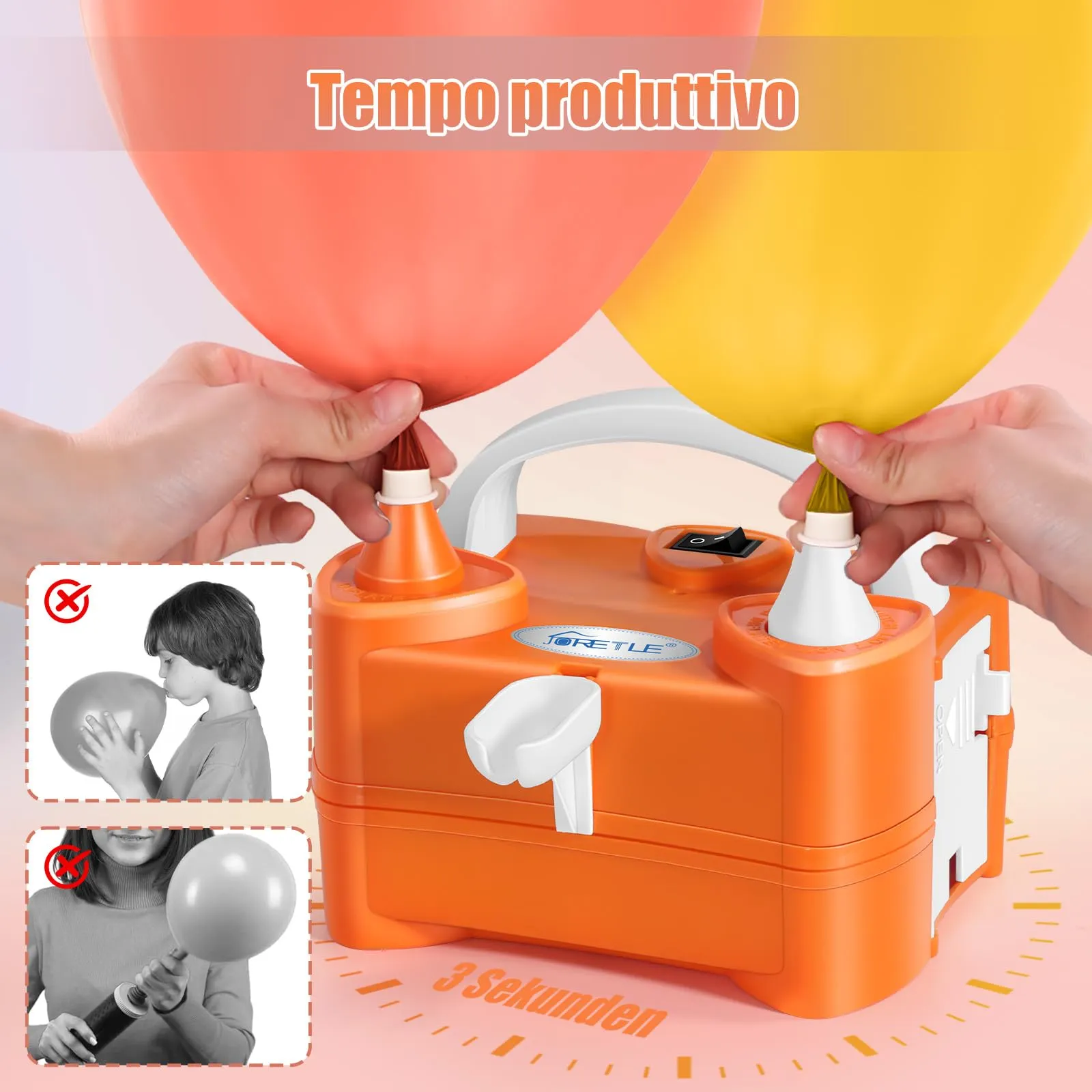JORETLE Pompa per Palloncini Elettrica Portatile, 220-240V Macchina per Gonfiare Palloncini Elettrico, Pompa Aria per Palloncini Elettrica con 2 Boccagli Modalità per Compleanni, Matrimoni Decorazioni - immagine 3