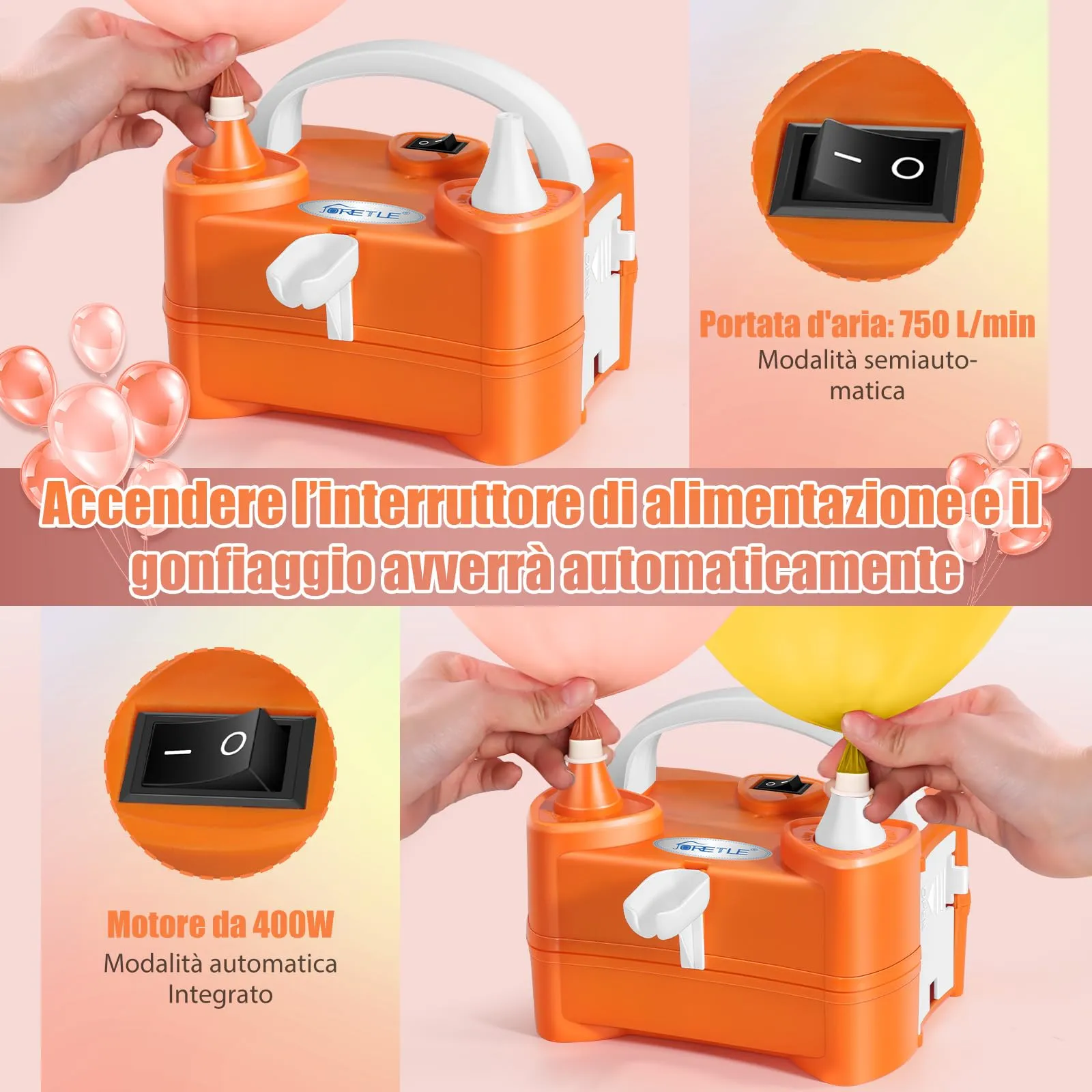 JORETLE Pompa per Palloncini Elettrica Portatile, 220-240V Macchina per Gonfiare Palloncini Elettrico, Pompa Aria per Palloncini Elettrica con 2 Boccagli Modalità per Compleanni, Matrimoni Decorazioni - immagine 4