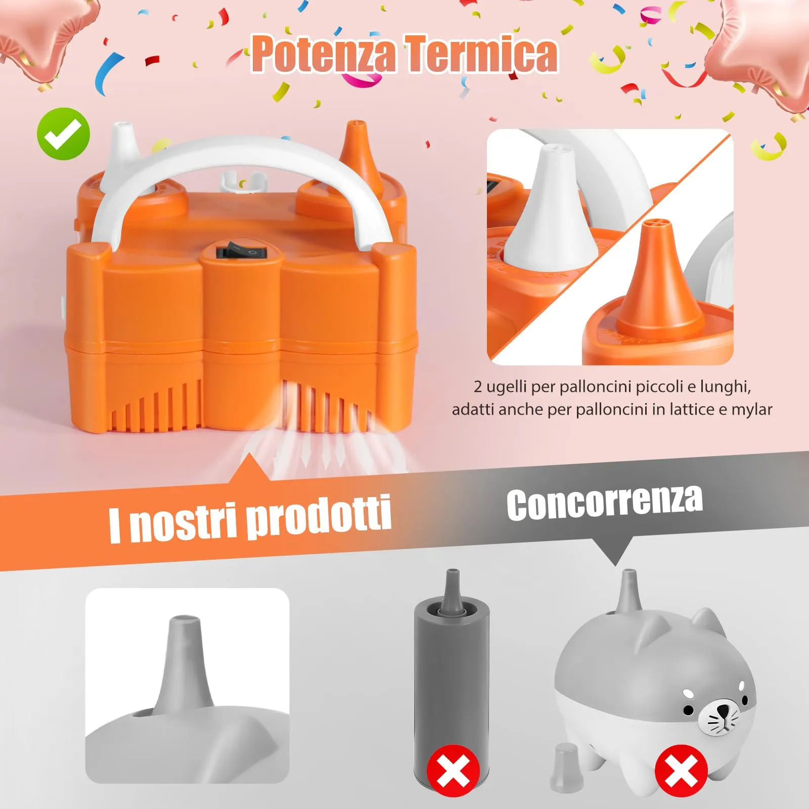 JORETLE Pompa per Palloncini Elettrica Portatile, 220-240V Macchina per Gonfiare Palloncini Elettrico, Pompa Aria per Palloncini Elettrica con 2 Boccagli Modalità per Compleanni, Matrimoni Decorazioni - immagine 5