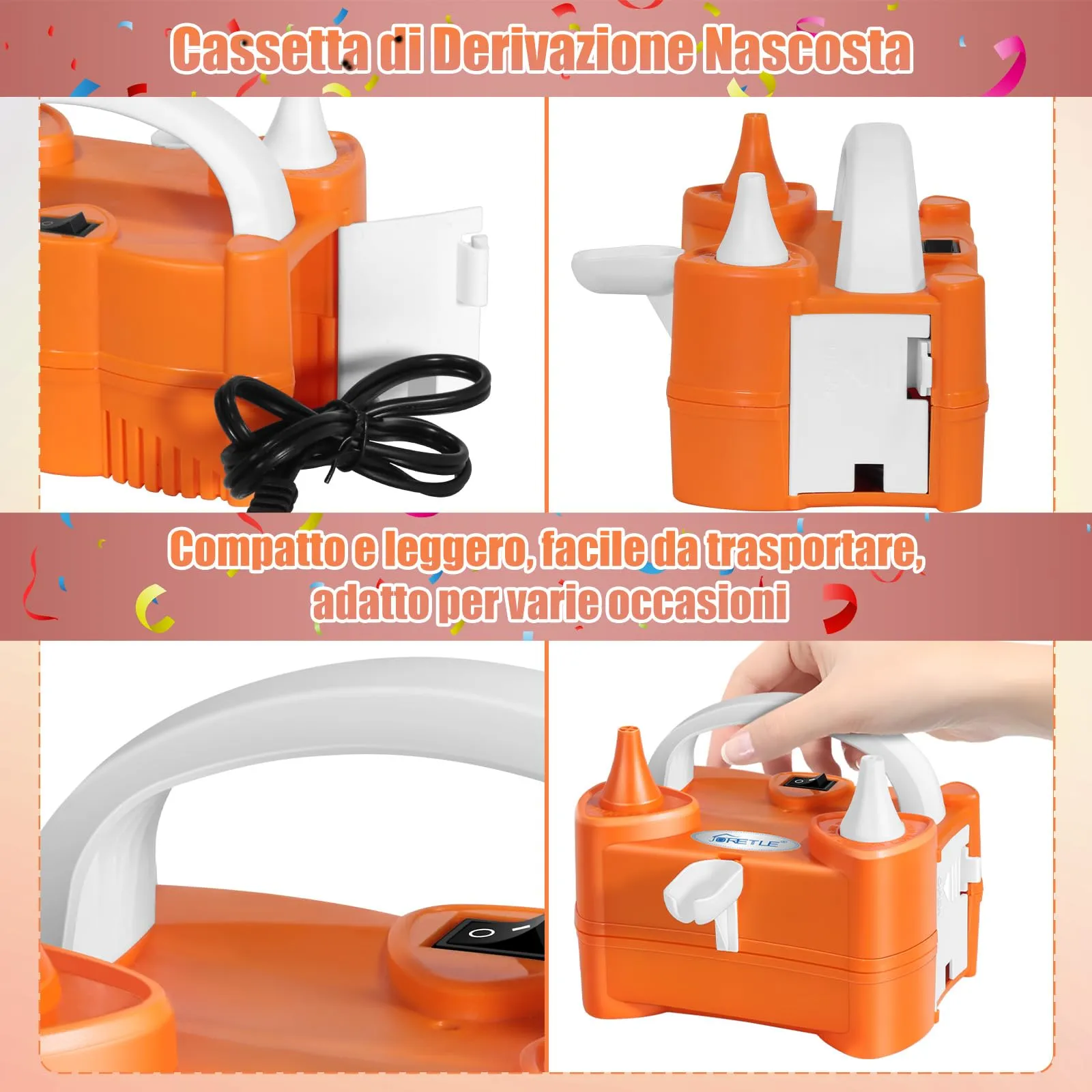 JORETLE Pompa per Palloncini Elettrica Portatile, 220-240V Macchina per Gonfiare Palloncini Elettrico, Pompa Aria per Palloncini Elettrica con 2 Boccagli Modalità per Compleanni, Matrimoni Decorazioni - immagine 6