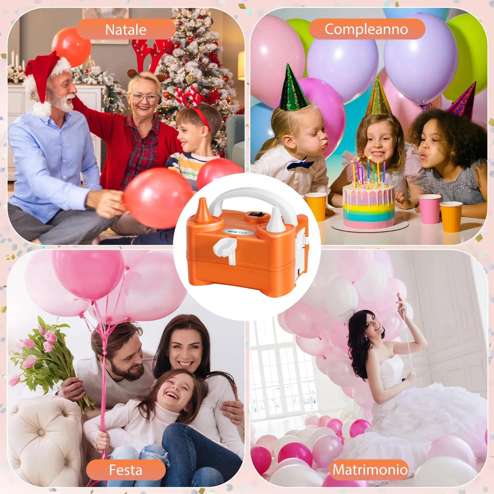 JORETLE Pompa per Palloncini Elettrica Portatile, 220-240V Macchina per Gonfiare Palloncini Elettrico, Pompa Aria per Palloncini Elettrica con 2 Boccagli Modalità per Compleanni, Matrimoni Decorazioni - immagine 7
