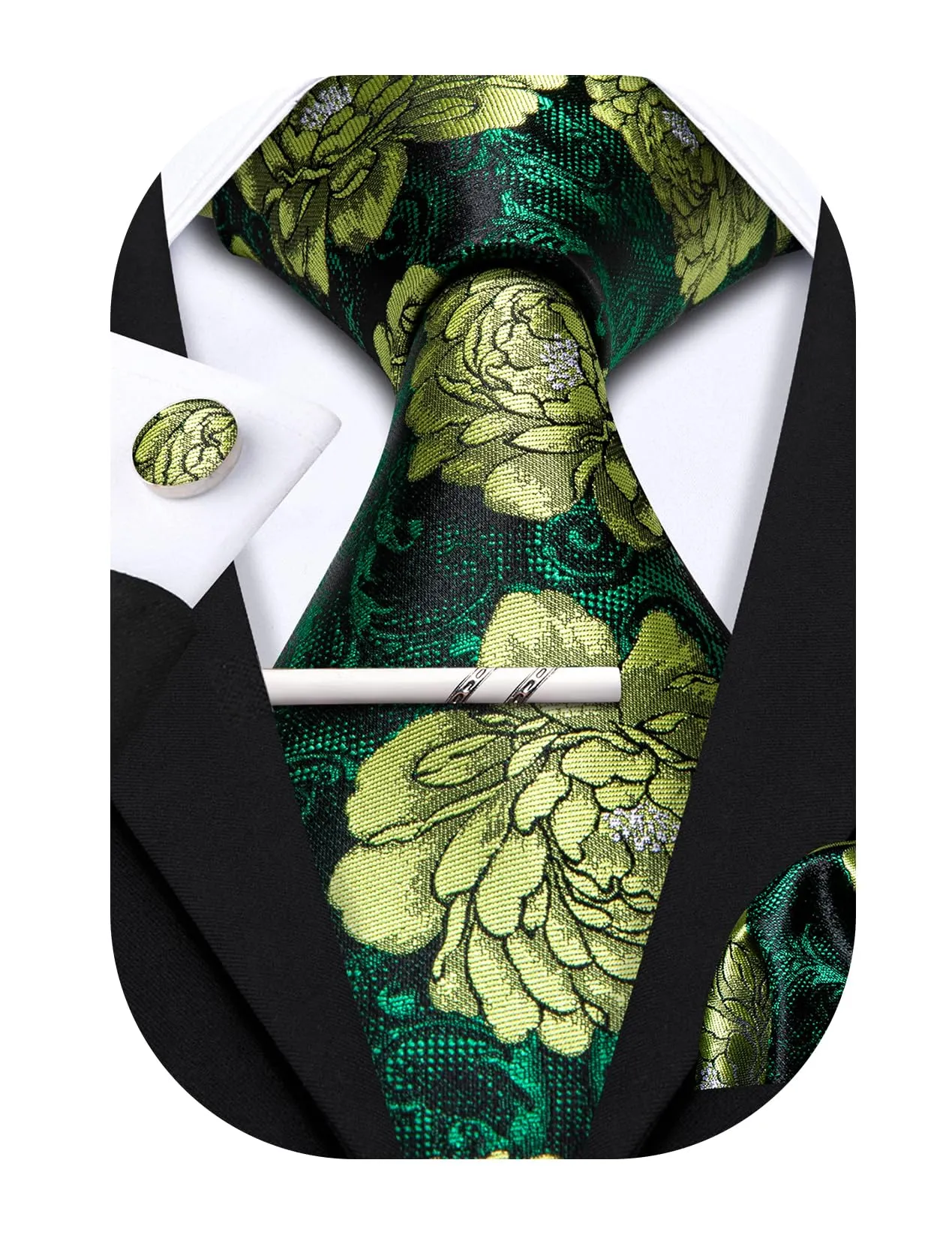 Barry.Wang - Set da uomo con cravatte, fazzoletto da tasca quadrato, fermacravatta, gemelli, motivo floreale, cravatte in seta classiche, set da 4 pezzi per matrimonio, festa, affari, Taglia unica - immagine 1