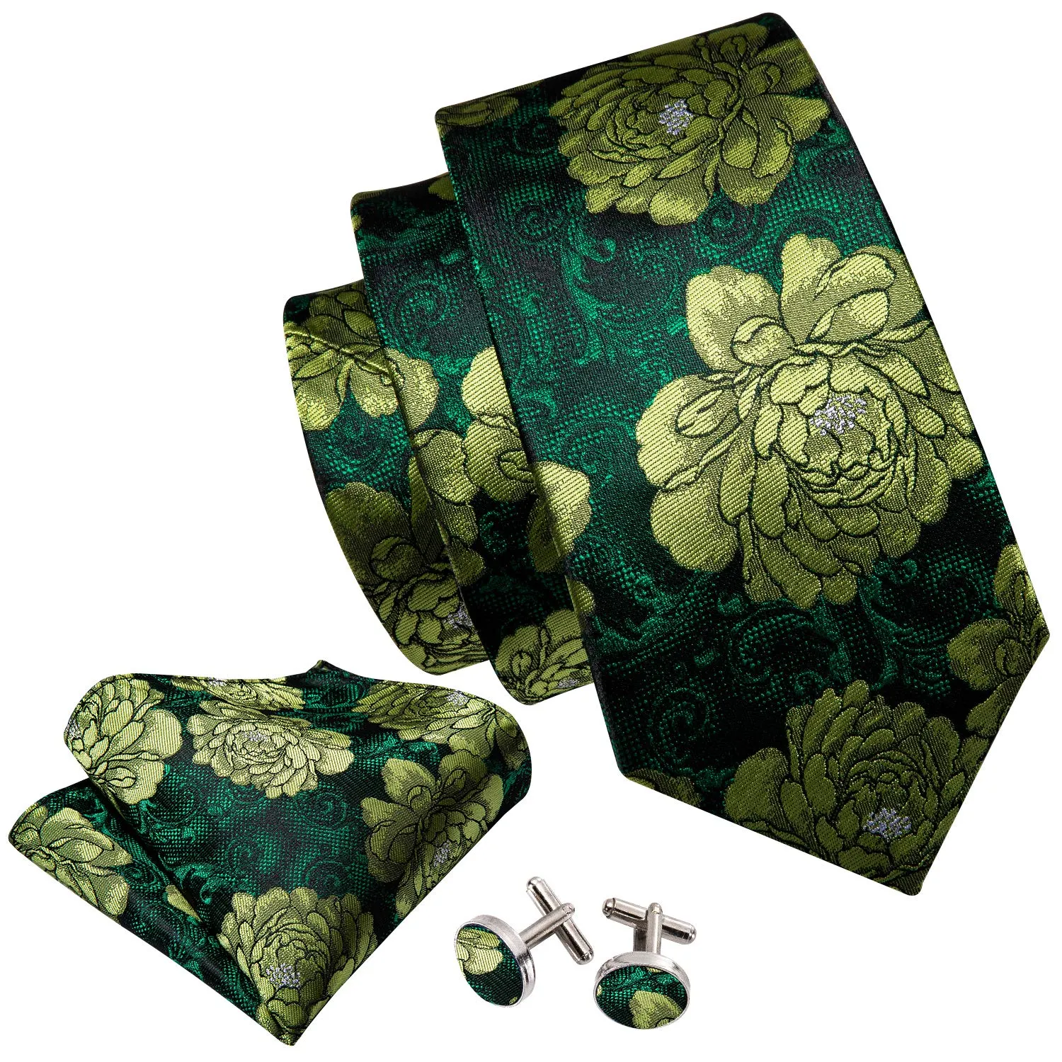 Barry.Wang - Set da uomo con cravatte, fazzoletto da tasca quadrato, fermacravatta, gemelli, motivo floreale, cravatte in seta classiche, set da 4 pezzi per matrimonio, festa, affari, Taglia unica - immagine 2