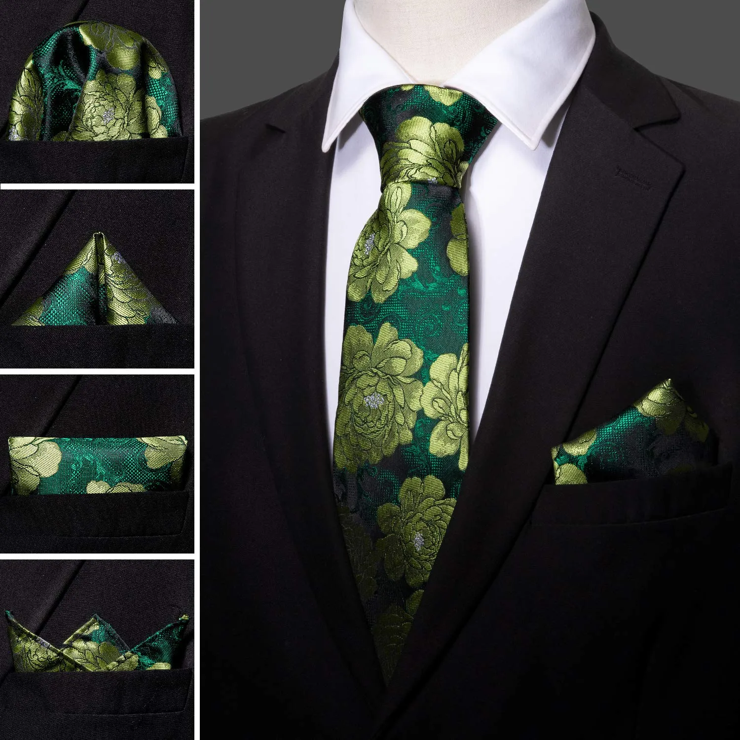 Barry.Wang - Set da uomo con cravatte, fazzoletto da tasca quadrato, fermacravatta, gemelli, motivo floreale, cravatte in seta classiche, set da 4 pezzi per matrimonio, festa, affari, Taglia unica - immagine 7
