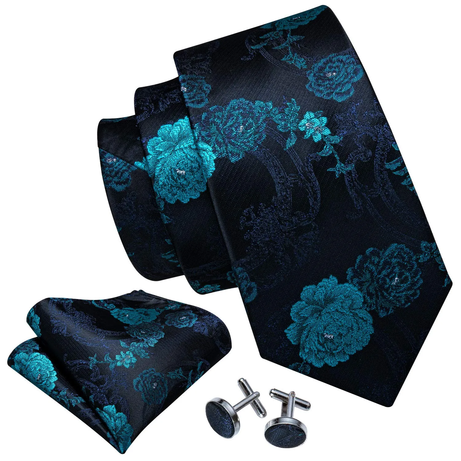 Barry.Wang - Set da uomo con cravatte, fazzoletto da tasca quadrato, fermacravatta, gemelli, motivo floreale, cravatte in seta classiche, set da 4 pezzi per matrimonio, festa, affari, Taglia unica - immagine 2