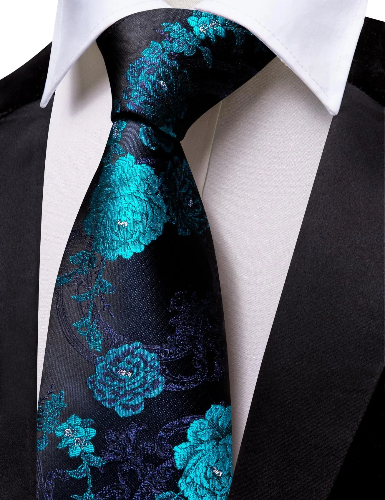 Barry.Wang - Set da uomo con cravatte, fazzoletto da tasca quadrato, fermacravatta, gemelli, motivo floreale, cravatte in seta classiche, set da 4 pezzi per matrimonio, festa, affari, Taglia unica - immagine 3