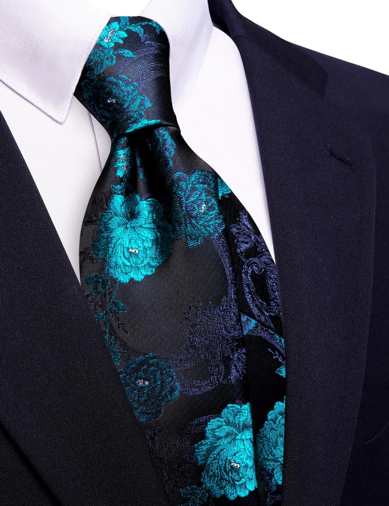Barry.Wang - Set da uomo con cravatte, fazzoletto da tasca quadrato, fermacravatta, gemelli, motivo floreale, cravatte in seta classiche, set da 4 pezzi per matrimonio, festa, affari, Taglia unica - immagine 4