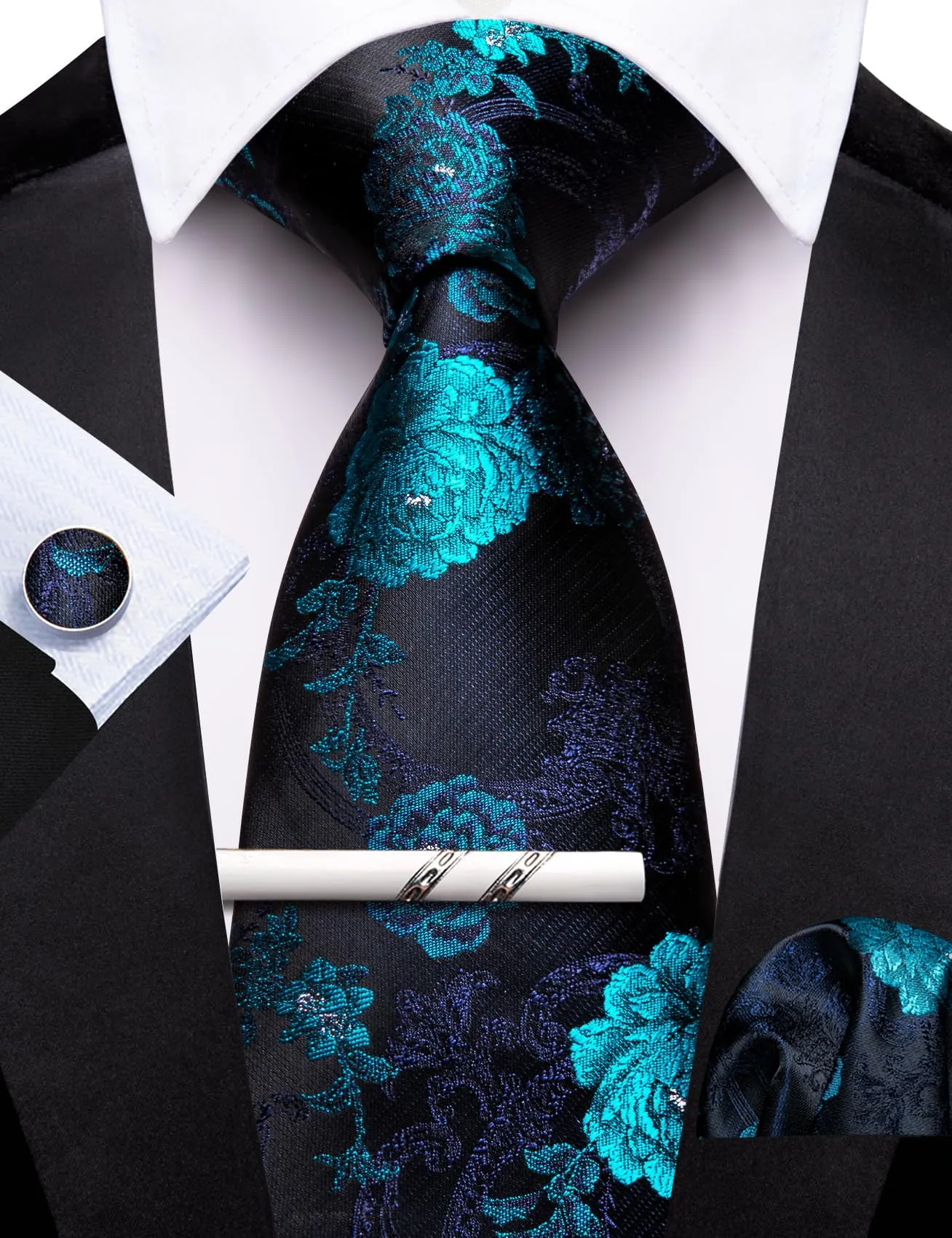 Barry.Wang - Set da uomo con cravatte, fazzoletto da tasca quadrato, fermacravatta, gemelli, motivo floreale, cravatte in seta classiche, set da 4 pezzi per matrimonio, festa, affari, Taglia unica - immagine 6