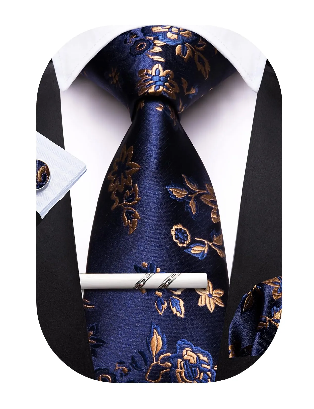 Barry.Wang - Set da uomo con cravatte floreali, fazzoletto da tasca quadrato, gemelli, clip, cravatte classiche in seta da uomo, 4 pezzi, per matrimonio, festa, affari, Taglia unica - immagine 1