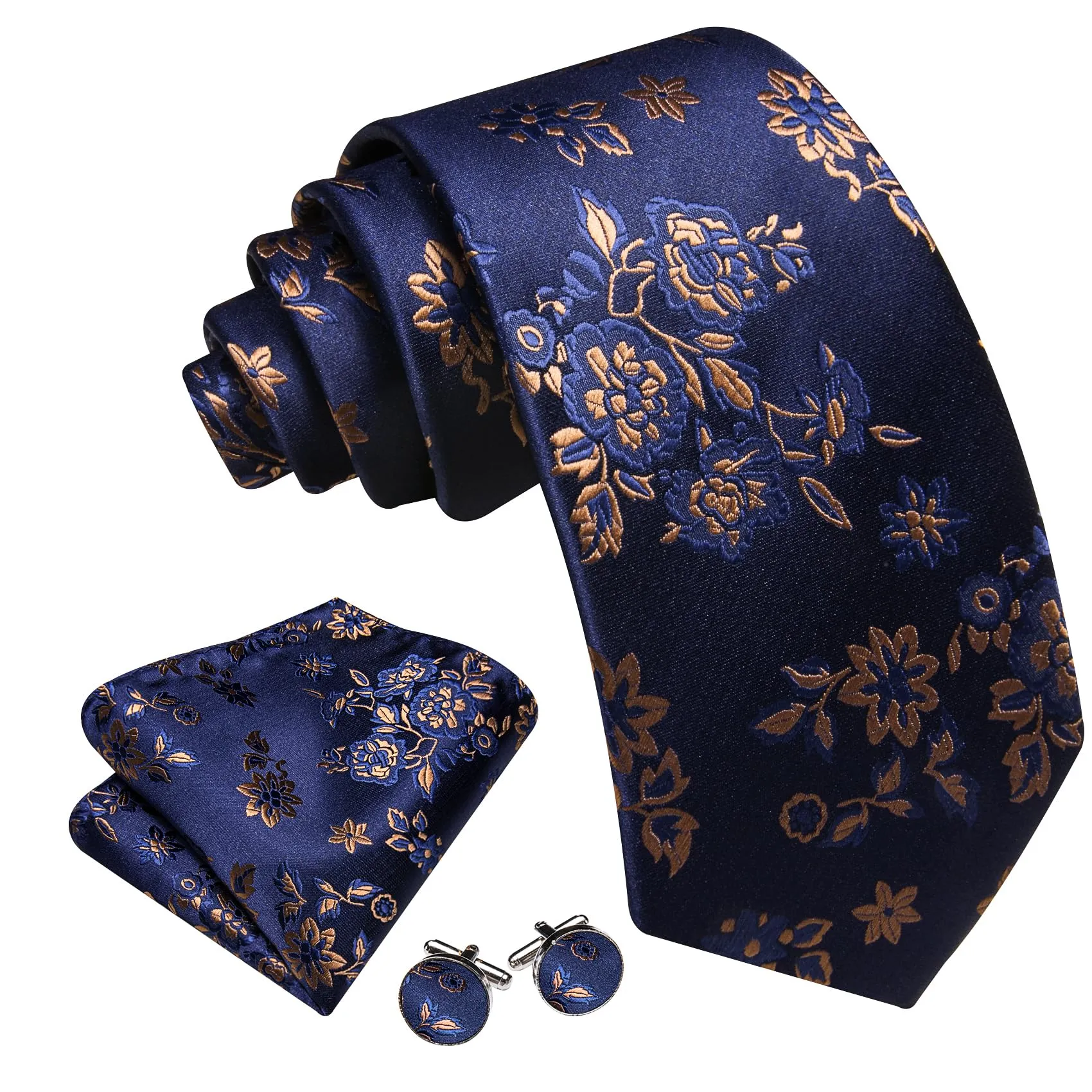 Barry.Wang - Set da uomo con cravatte floreali, fazzoletto da tasca quadrato, gemelli, clip, cravatte classiche in seta da uomo, 4 pezzi, per matrimonio, festa, affari, Taglia unica - immagine 2