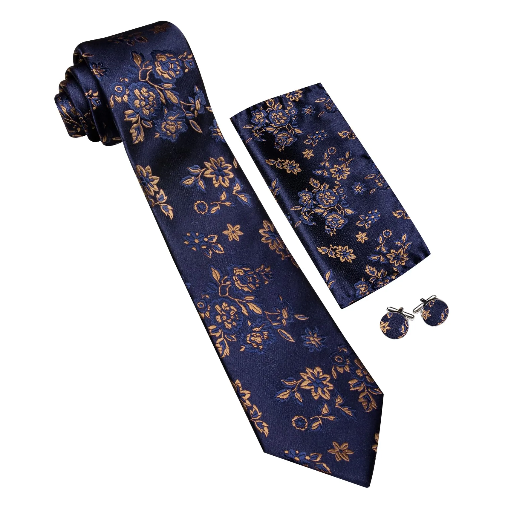 Barry.Wang - Set da uomo con cravatte floreali, fazzoletto da tasca quadrato, gemelli, clip, cravatte classiche in seta da uomo, 4 pezzi, per matrimonio, festa, affari, Taglia unica - immagine 4