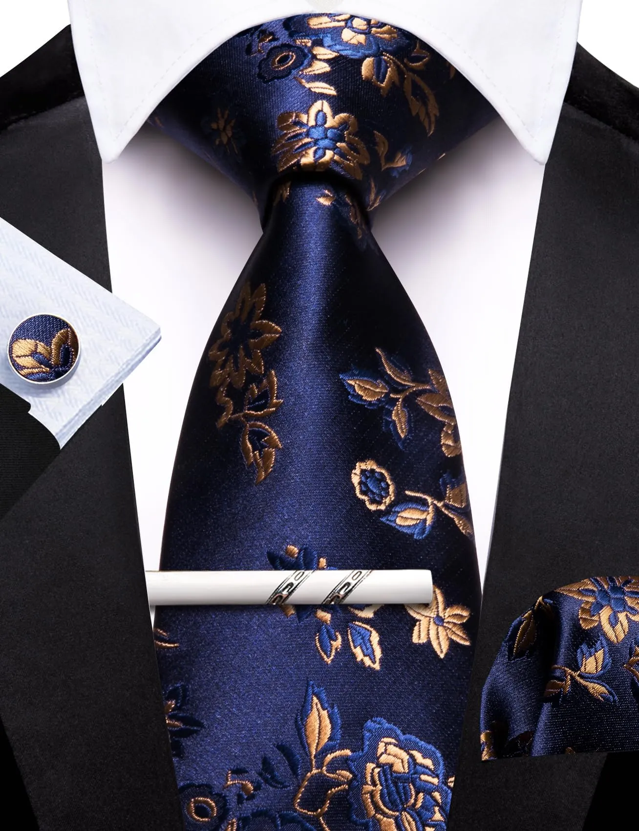Barry.Wang - Set da uomo con cravatte floreali, fazzoletto da tasca quadrato, gemelli, clip, cravatte classiche in seta da uomo, 4 pezzi, per matrimonio, festa, affari, Taglia unica - immagine 6