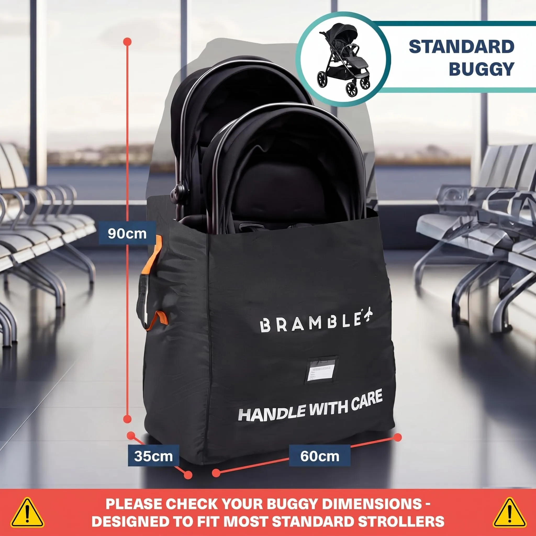 Bramble - Borsa da Trasporto Passeggino per Aereo Gate Check - Nylon Balistico Idrorepellente con Spallacci Neoprene, Sacca & Finestra ID - 90 x 60 x 35 cm (Nero) - immagine 2