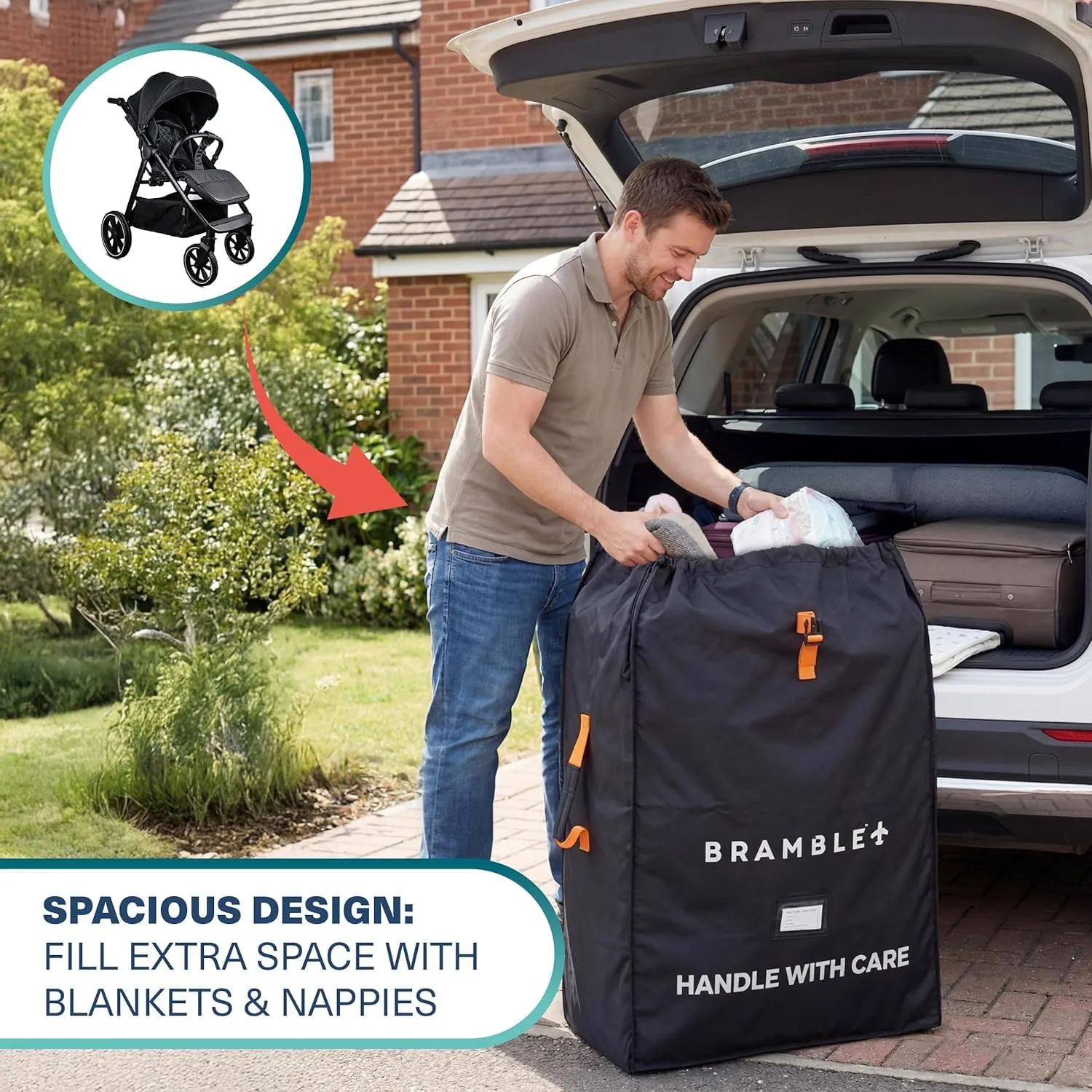 Bramble - Borsa da Trasporto Passeggino per Aereo Gate Check - Nylon Balistico Idrorepellente con Spallacci Neoprene, Sacca & Finestra ID - 90 x 60 x 35 cm (Nero) - immagine 4
