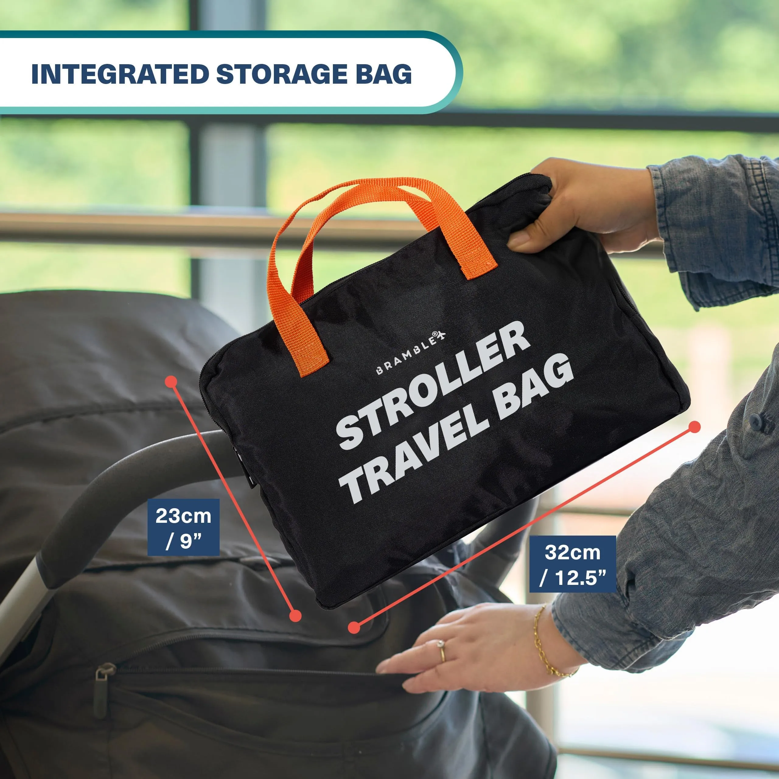 Bramble - Borsa da Trasporto Passeggino per Aereo Gate Check - Nylon Balistico Idrorepellente con Spallacci Neoprene, Sacca & Finestra ID - 90 x 60 x 35 cm (Nero) - immagine 5