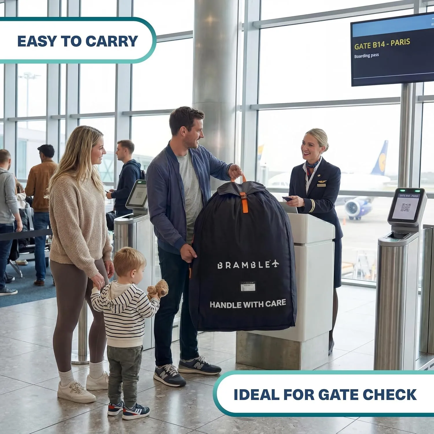 Bramble - Borsa da Trasporto Passeggino per Aereo Gate Check - Nylon Balistico Idrorepellente con Spallacci Neoprene, Sacca & Finestra ID - 90 x 60 x 35 cm (Nero) - immagine 7