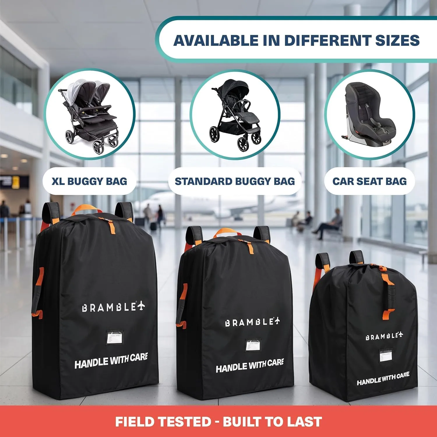 Bramble - Borsa da Trasporto Passeggino per Aereo Gate Check - Nylon Balistico Idrorepellente con Spallacci Neoprene, Sacca & Finestra ID - 90 x 60 x 35 cm (Nero) - immagine 8