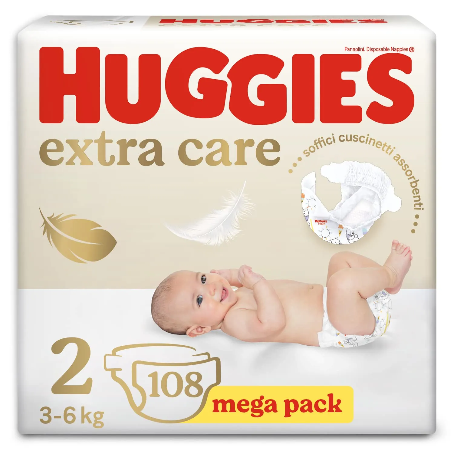 Huggies Pannolini Extra Care Bebè, Taglia 2 (3-6Kg), Confezione da 108 Pannolini (Megapack) - immagine 1
