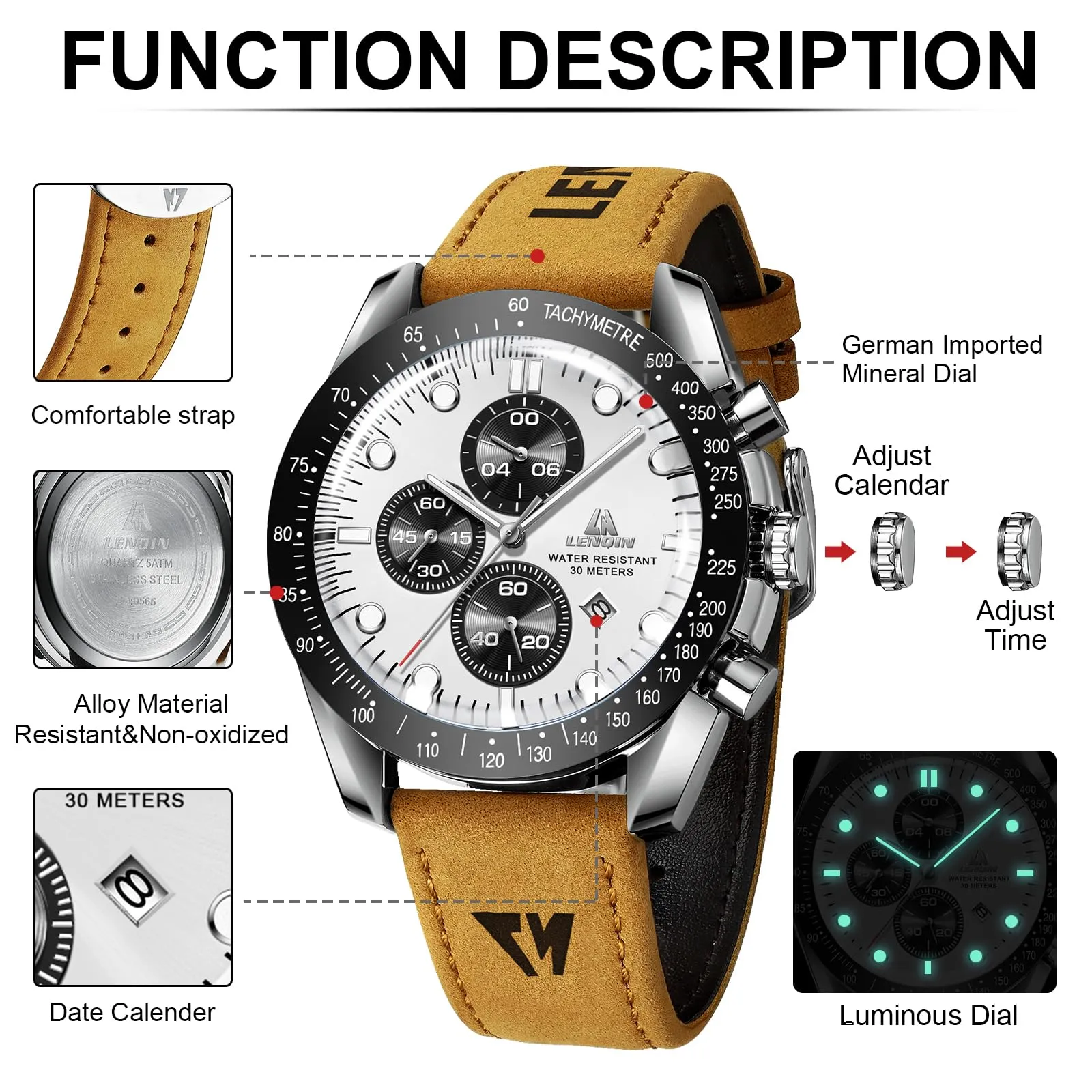 LN LENQIN Orologio Uomo Analogico al Quarzo con Cinturino in Pelle - immagine 6