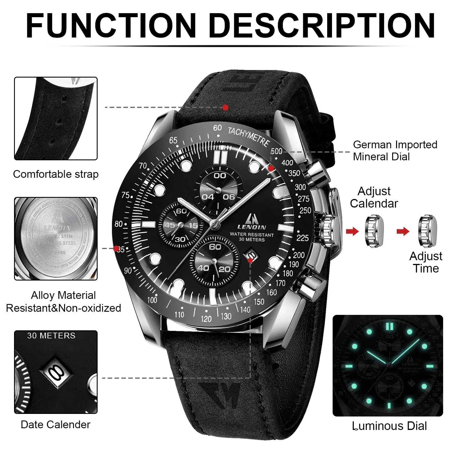 LN LENQIN Orologio Uomo Analogico al Quarzo con Cinturino in Pelle - immagine 6
