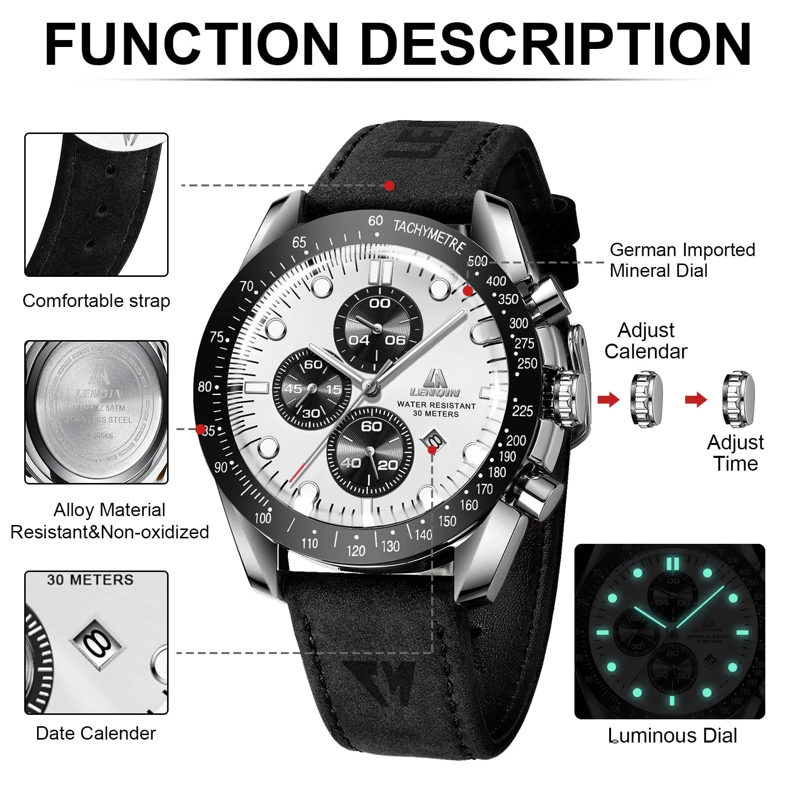 LN LENQIN Orologio Uomo Analogico al Quarzo con Cinturino in Pelle - immagine 6