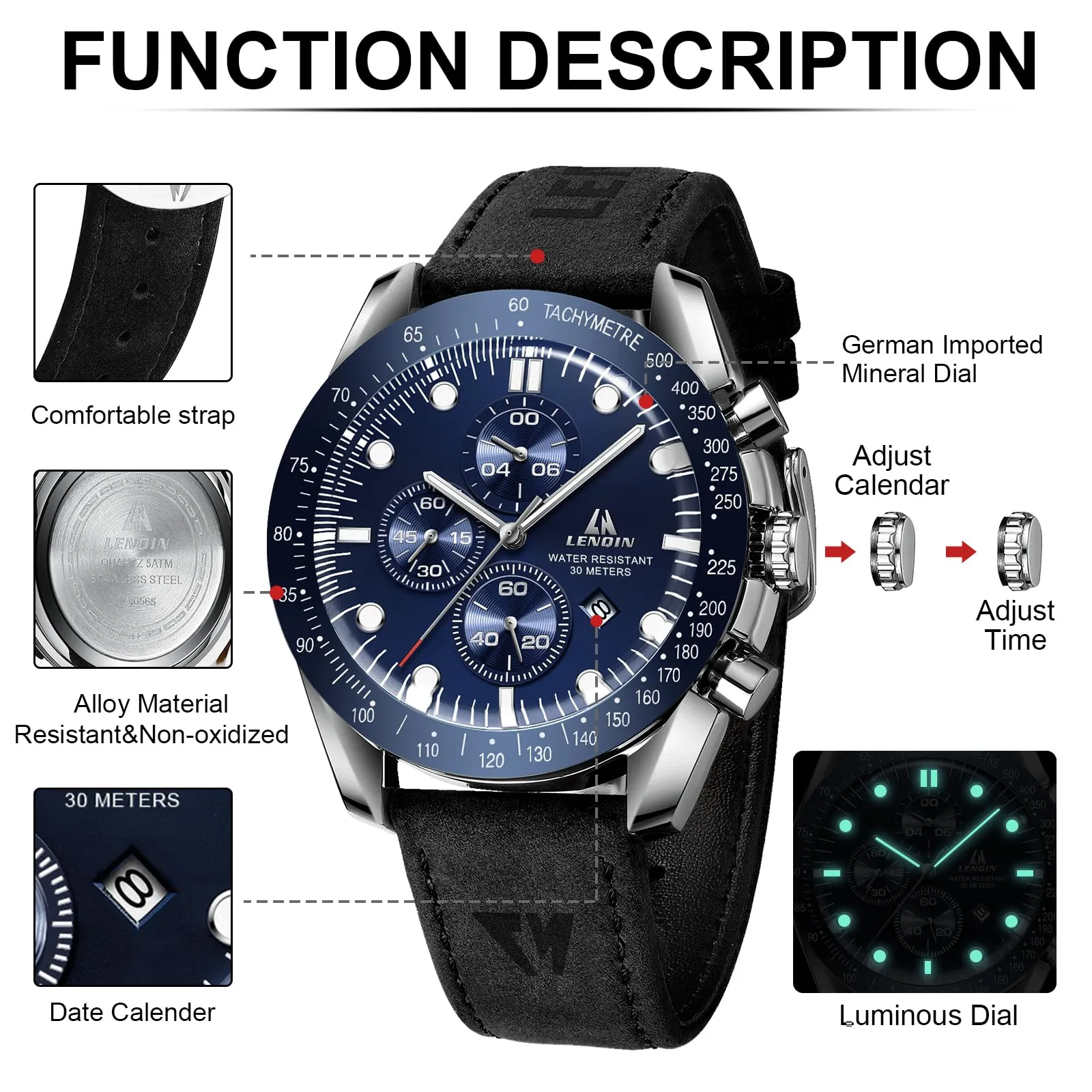 LN LENQIN Orologio Uomo Analogico al Quarzo con Cinturino in Pelle - immagine 6