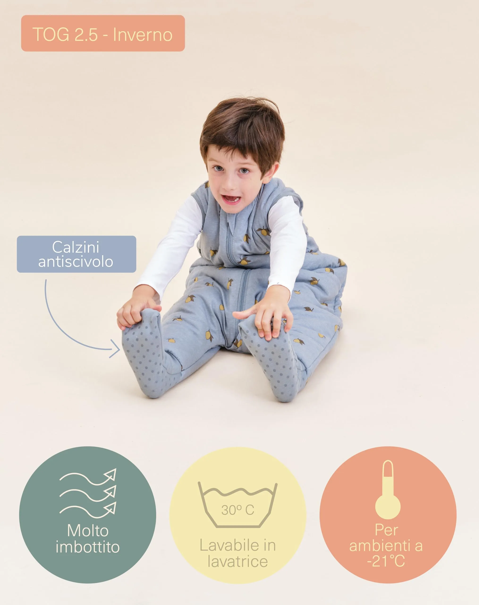 molis&co - Sacco Nanna con piedini e calzini - Sacco nanna invernale per Bambini - Sacchi Nanna 2.5 tog con piedini - 100% Cotone (Oeko-TEX 100) (Colima, 3 anni) - immagine 4