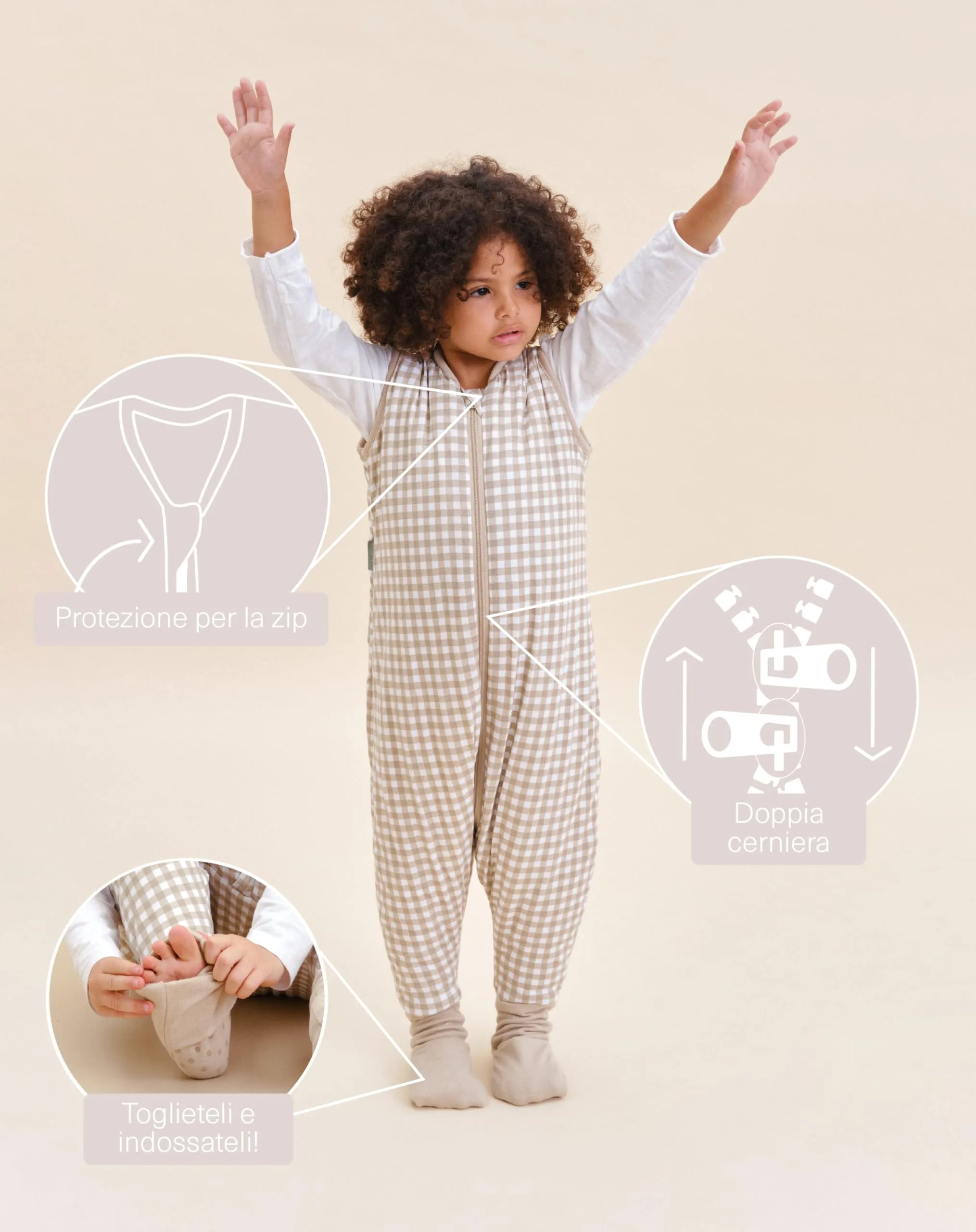 molis&co - Sacco Nanna con piedini e calzini - Sacco nanna invernale per Bambini - Sacchi Nanna 2.5 tog con piedini - 100% Cotone (Oeko-TEX 100) (Vichy Beige, 6 anni) - immagine 3