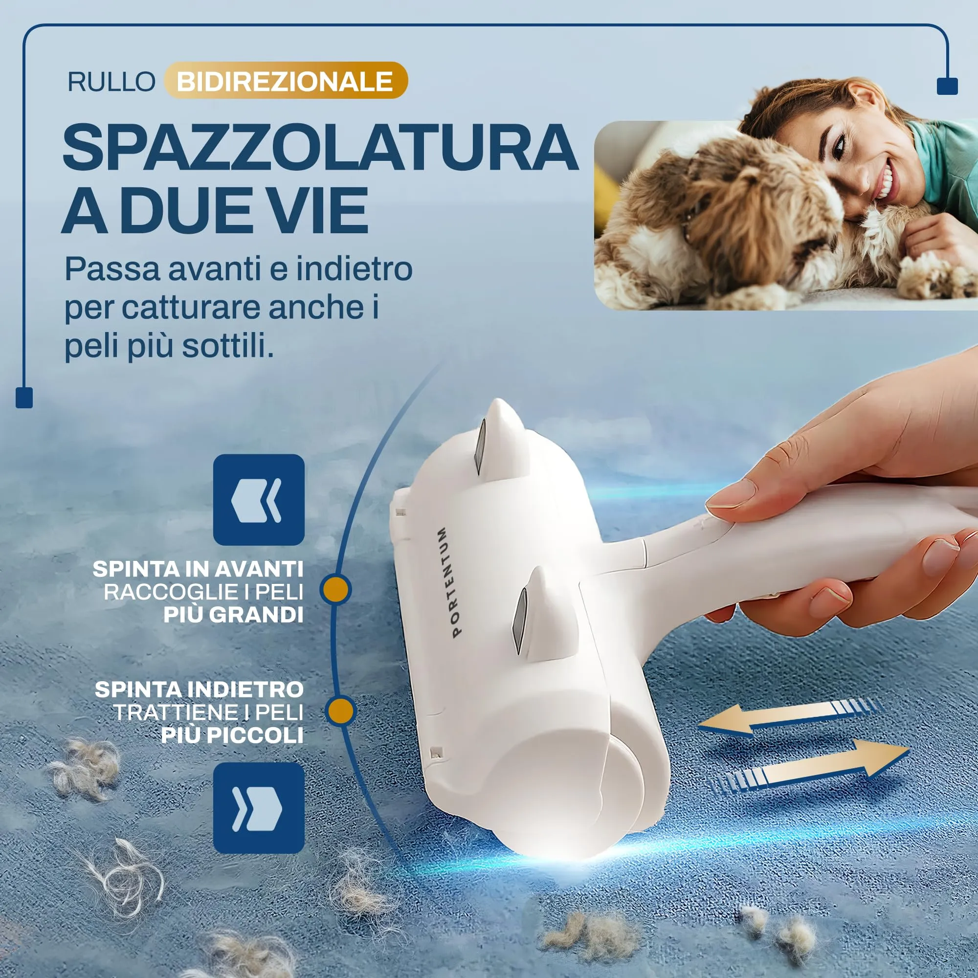 PORTENTUM Spazzola Togli Peli Animali, Spazzola per Gatti e Spazzola per cani, Peli Rimozione, Lint Rullo Riutilizzabile, Rimuovi la Pelliccia su aree fisse piace Cuccia, Divani, Tappeti - immagine 5