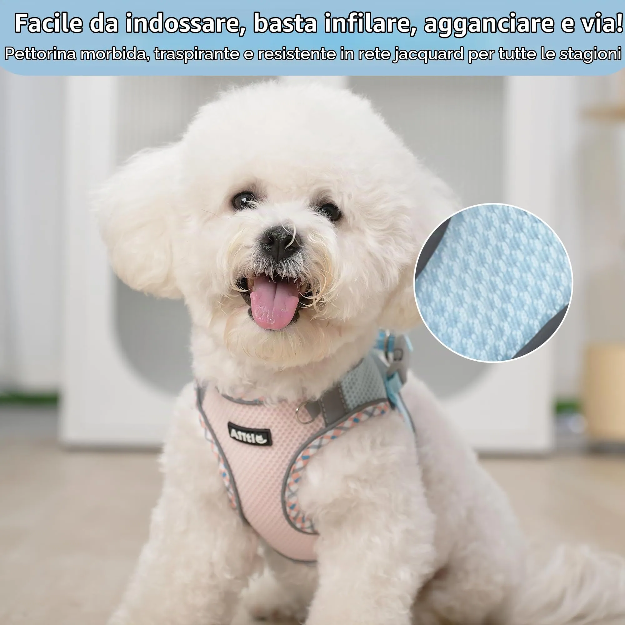 AIITLE Pettorina per cani anti-fuga, gilet anti-tiro con guinzaglio, strisce riflettenti, imbracature regolabili per animali domestici all'aperto per cani di taglia media, Blu Rosa XXS - immagine 5