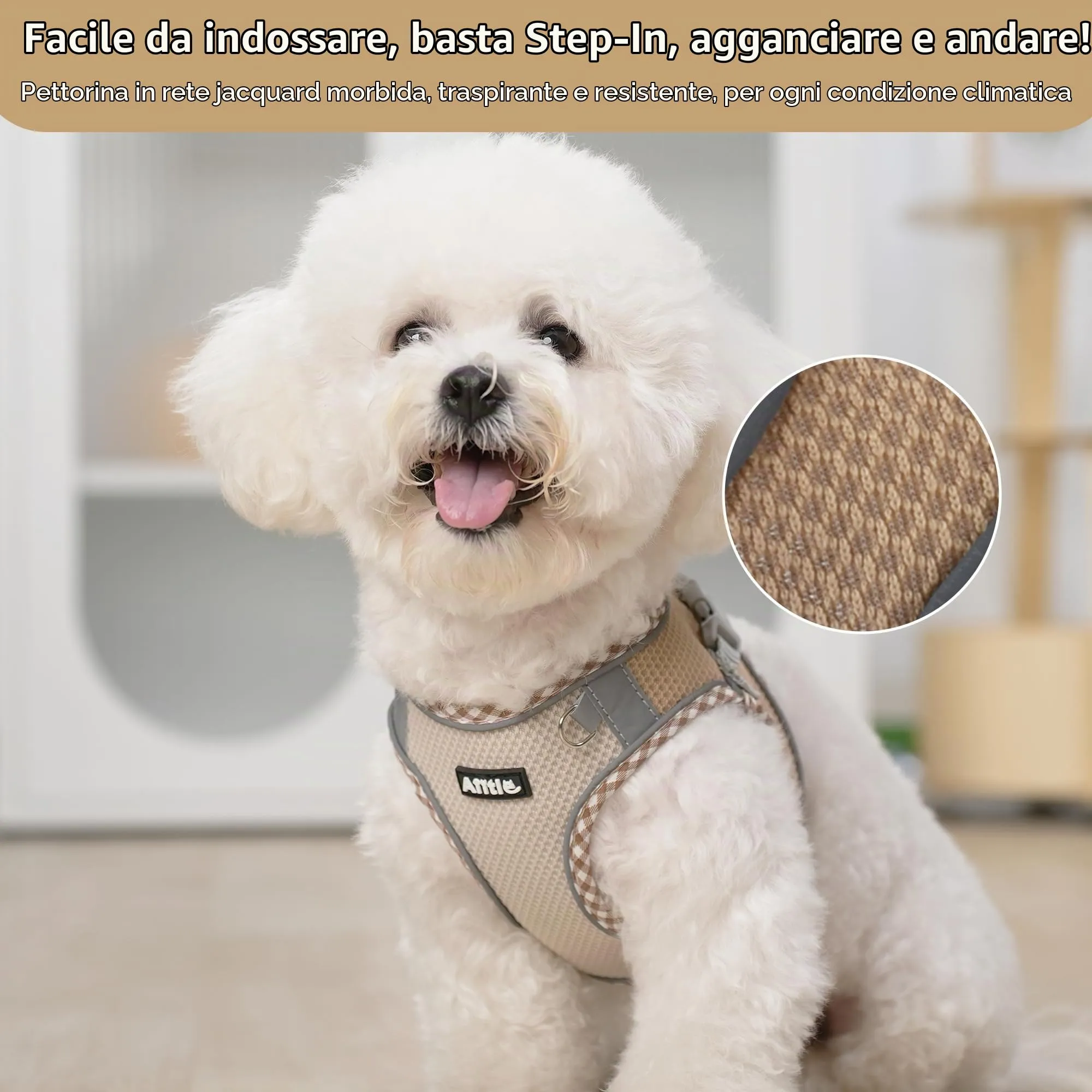 AIITLE Pettorina per cani anti-fuga, gilet anti-tiro con guinzaglio, strisce riflettenti, imbracature regolabili per animali domestici all'aperto per cani di taglia media, Marrone-Beige S - immagine 8