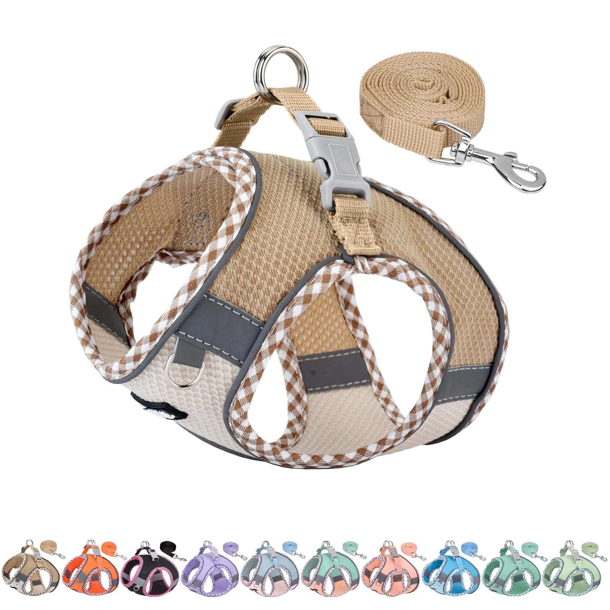 AIITLE Pettorina per cani anti-fuga, gilet anti-tiro con guinzaglio, strisce riflettenti, imbracature regolabili per animali domestici all'aperto per cani di taglia media, Marrone-Beige XXXS - immagine 1