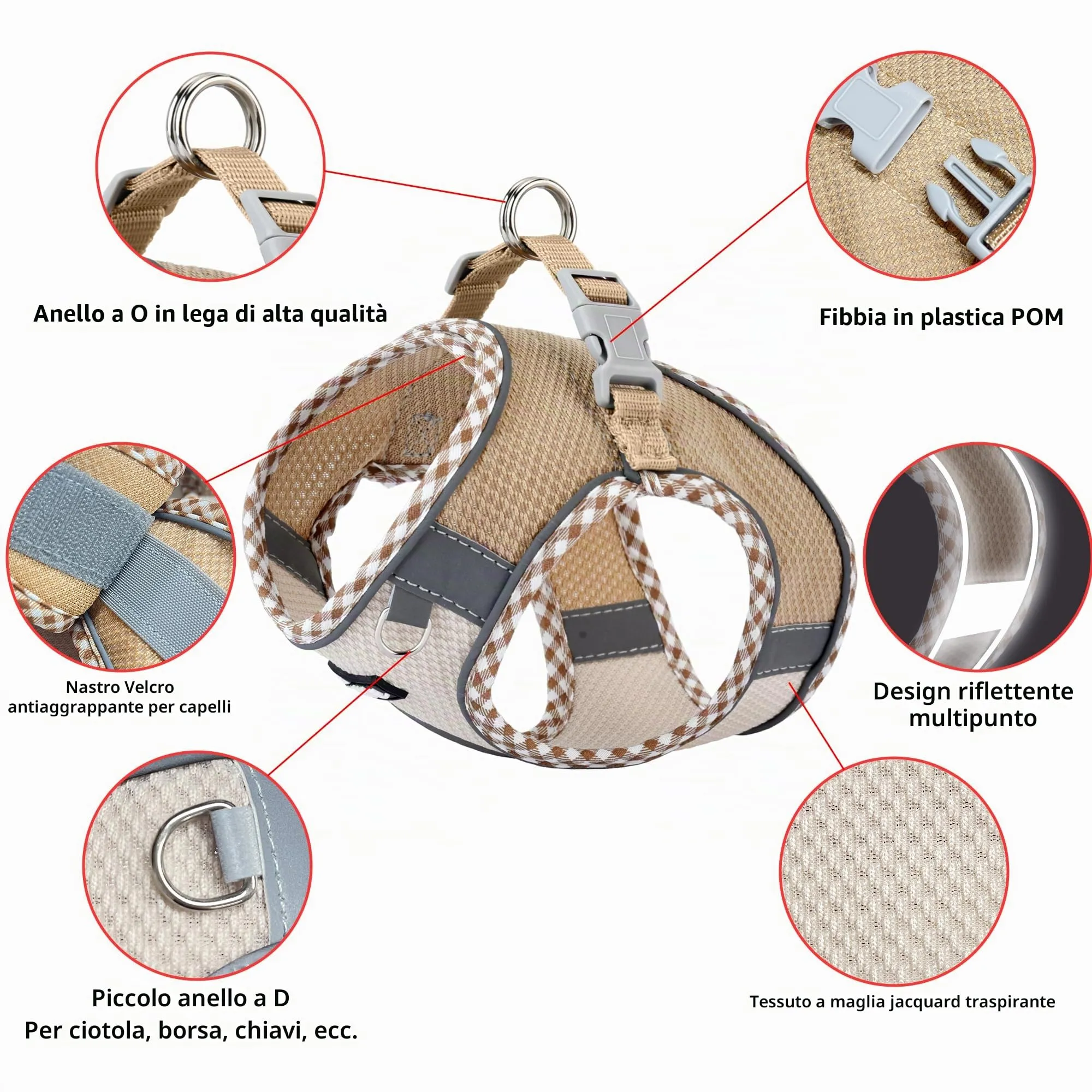 AIITLE Pettorina per cani anti-fuga, gilet anti-tiro con guinzaglio, strisce riflettenti, imbracature regolabili per animali domestici all'aperto per cani di taglia media, Marrone-Beige XXXS - immagine 5