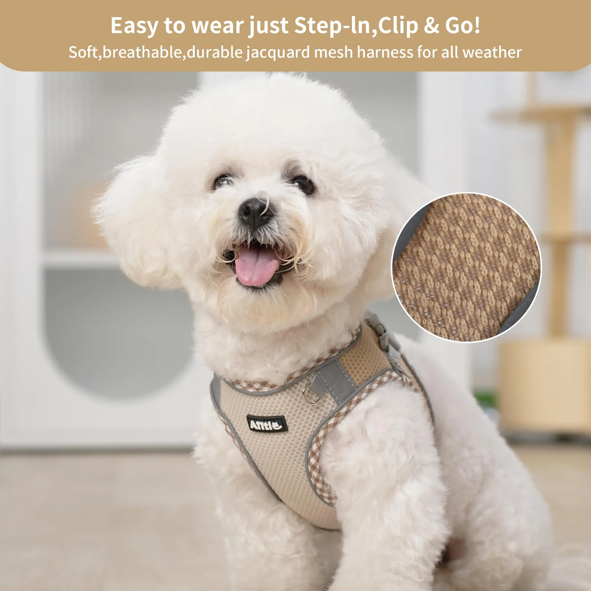 AIITLE Pettorina per cani anti-fuga, gilet anti-tiro con guinzaglio, strisce riflettenti, imbracature regolabili per animali domestici all'aperto per cani di taglia media, Marrone-Beige M - immagine 6