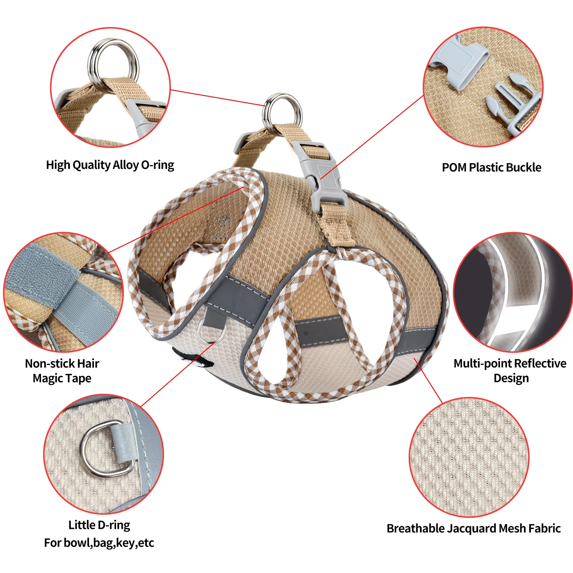 AIITLE Pettorina per cani anti-fuga, gilet anti-tiro con guinzaglio, strisce riflettenti, imbracature regolabili per animali domestici all'aperto per cani di taglia media, Marrone-Beige M - immagine 7