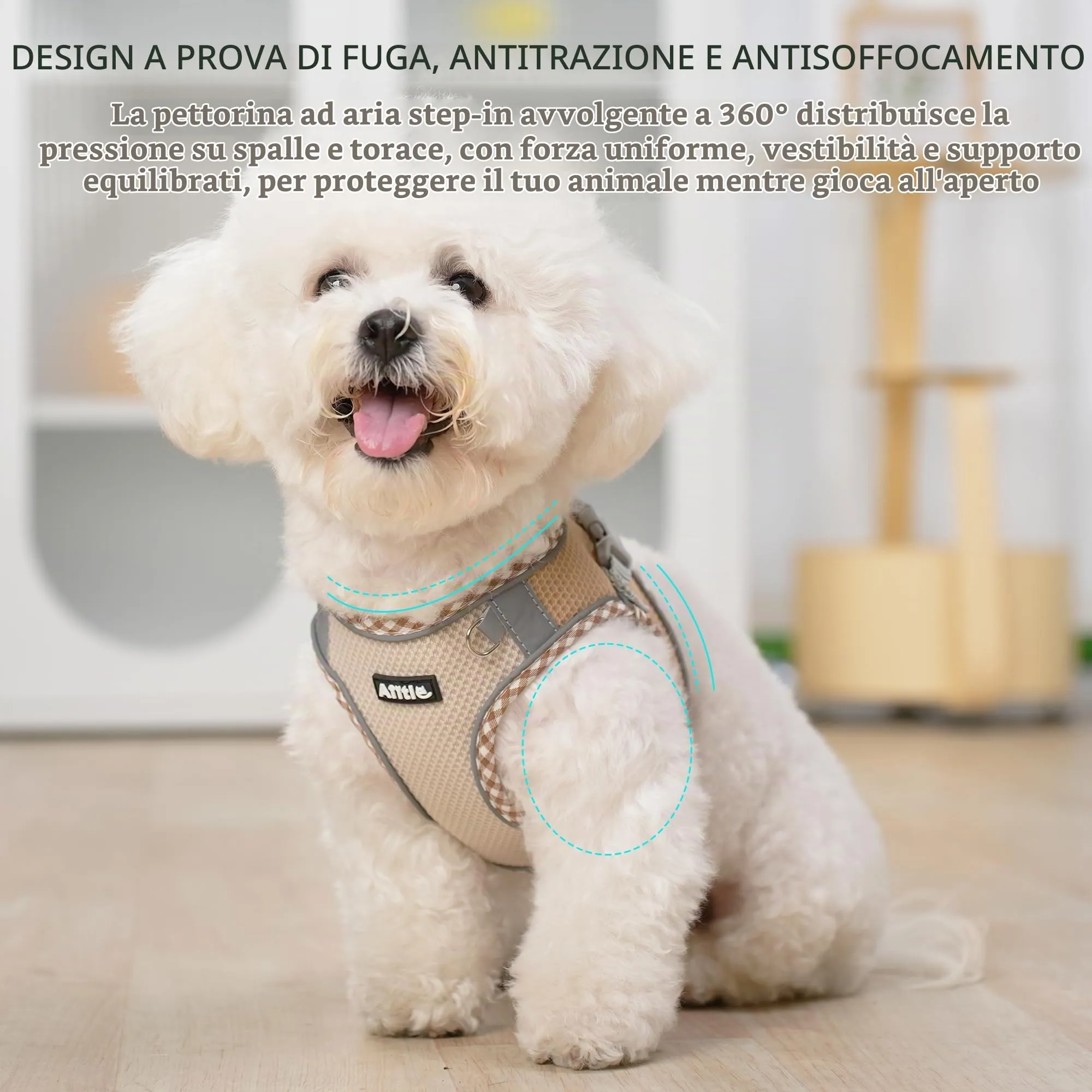 AIITLE Pettorina per cani anti-fuga, gilet anti-tiro con guinzaglio, strisce riflettenti, imbracature regolabili per animali domestici all'aperto per cani di taglia media, Marrone-Beige XXS - immagine 7