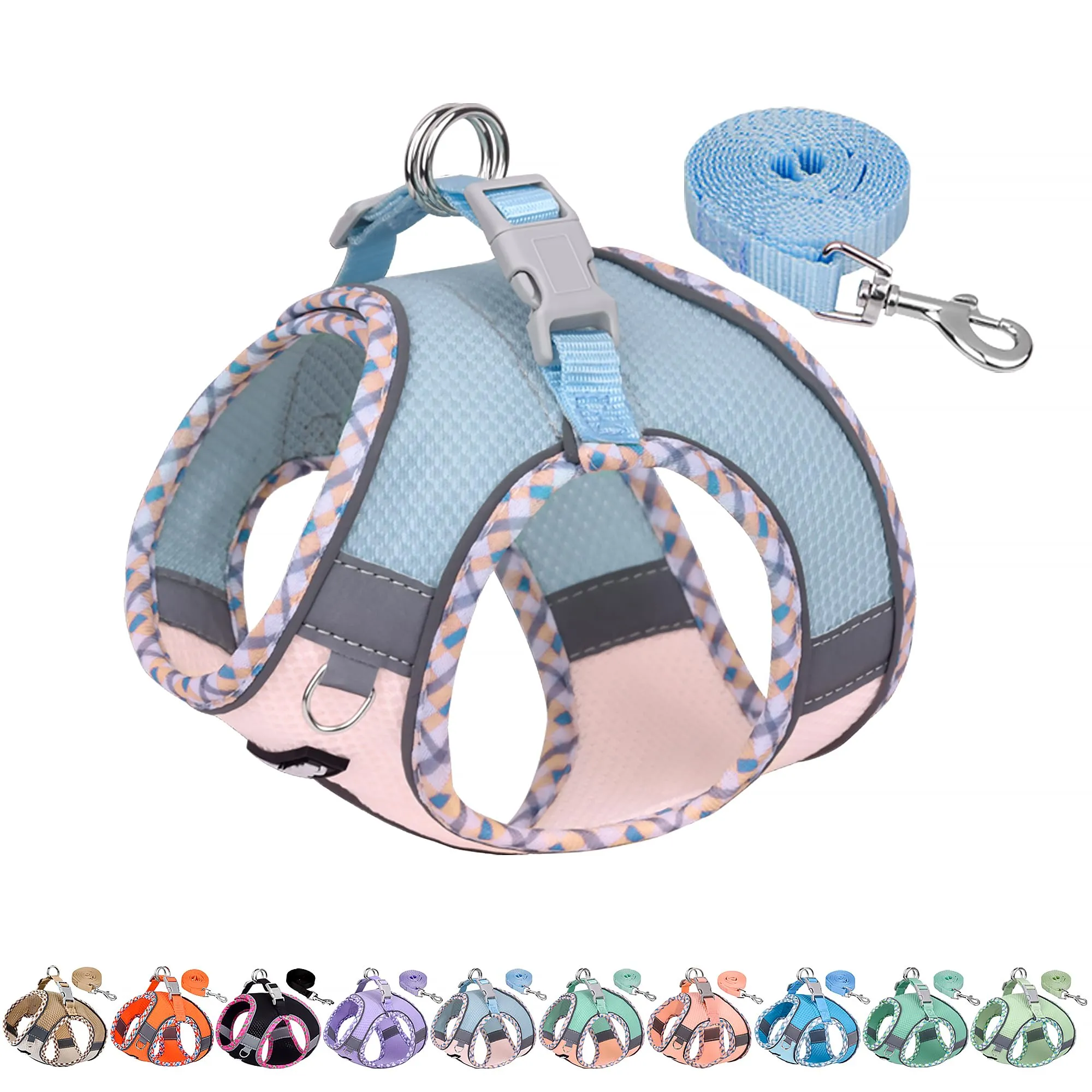 AIITLE Pettorina per cani anti-fuga, gilet anti-tiro con guinzaglio, strisce riflettenti, imbracature regolabili per animali domestici all'aperto per cani di taglia media, Blu Rosa XXXS - immagine 1