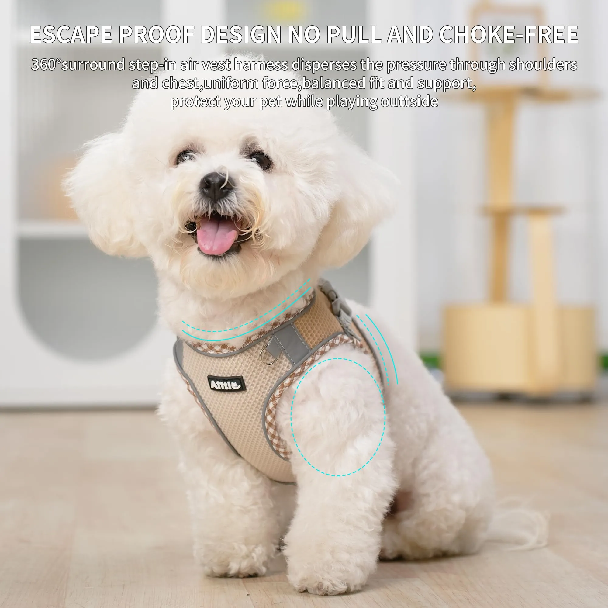 AIITLE Pettorina per cani anti-fuga, gilet anti-tiro con guinzaglio, strisce riflettenti, imbracature regolabili per animali domestici all'aperto per cani di taglia media, Marrone-Beige L - immagine 7