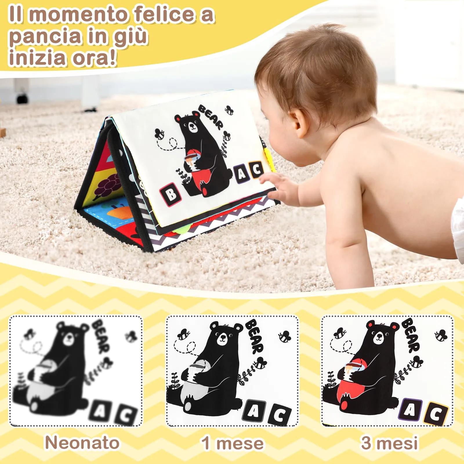 URMYWO Giochi Neonato 0-12 Mesi, Libro Sensoriale Neonati per Tummy Time - immagine 3