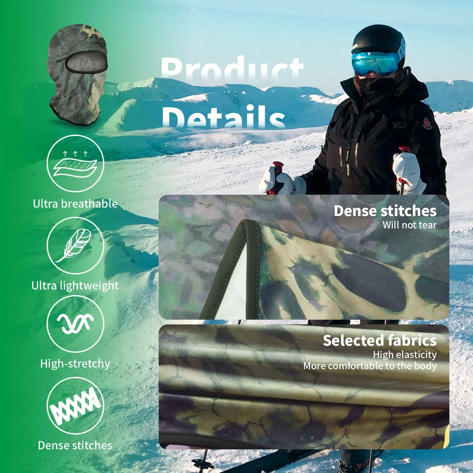 LONGKING Passamontagna Antivento Traspirante Verde Mimetico - immagine 2