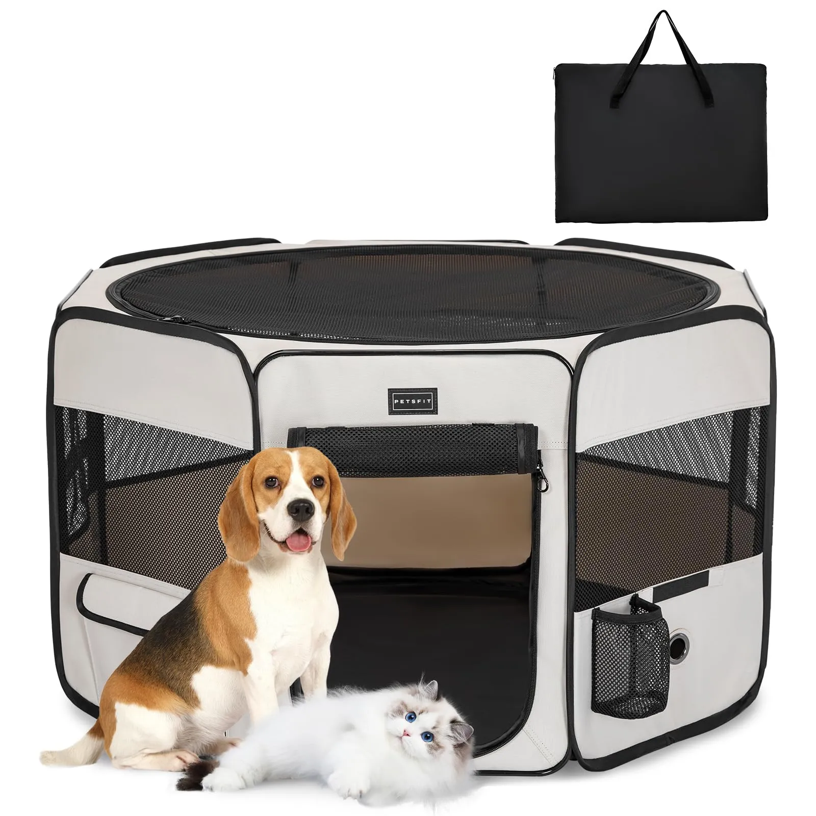 PETSFIT Recinto per Cani e Gatti pieghevole e Portatile, Box per Animali con Pavimento impermeabile in Tessuto, Bianco, 92 * 84 * 53CM - immagine 1