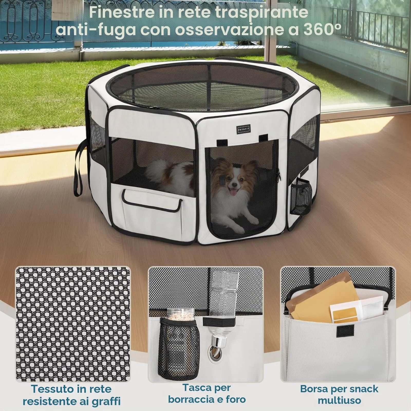 PETSFIT Recinto per Cani e Gatti pieghevole e Portatile, Box per Animali con Pavimento impermeabile in Tessuto, Bianco, 92 * 84 * 53CM - immagine 3