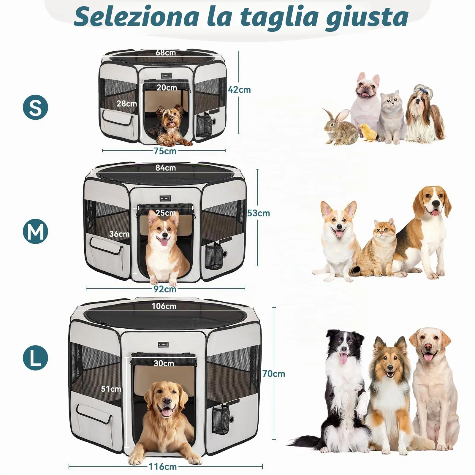 PETSFIT Recinto per Cani e Gatti pieghevole e Portatile, Box per Animali con Pavimento impermeabile in Tessuto, Bianco, 92 * 84 * 53CM - immagine 5