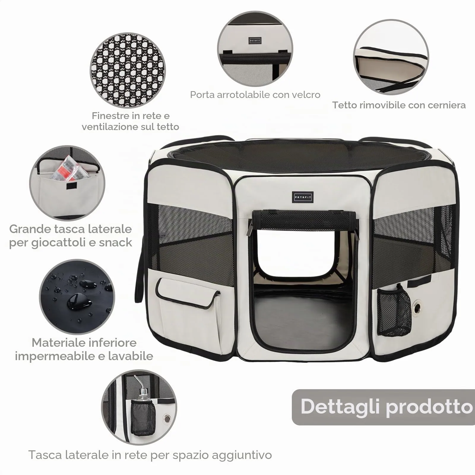 PETSFIT Recinto per Cani e Gatti pieghevole e Portatile, Box per Animali con Pavimento impermeabile in Tessuto, Bianco, 92 * 84 * 53CM - immagine 6